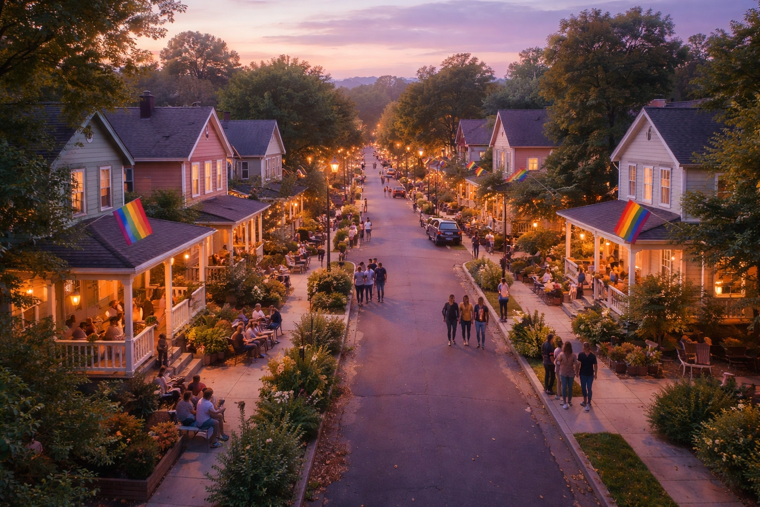 Inclusive LGBTQ+ neighborhood at dusk with pride flags and friendly neighbors, representing safe communities