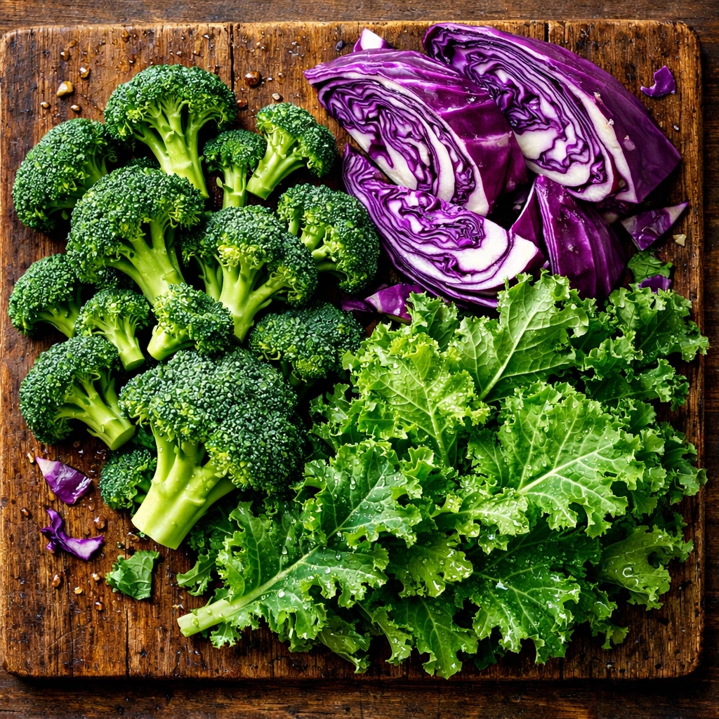 Fresh broccoli, cabbage, and kale on a wooden board, highlighting the role of vegetables in bone and muscle health.
