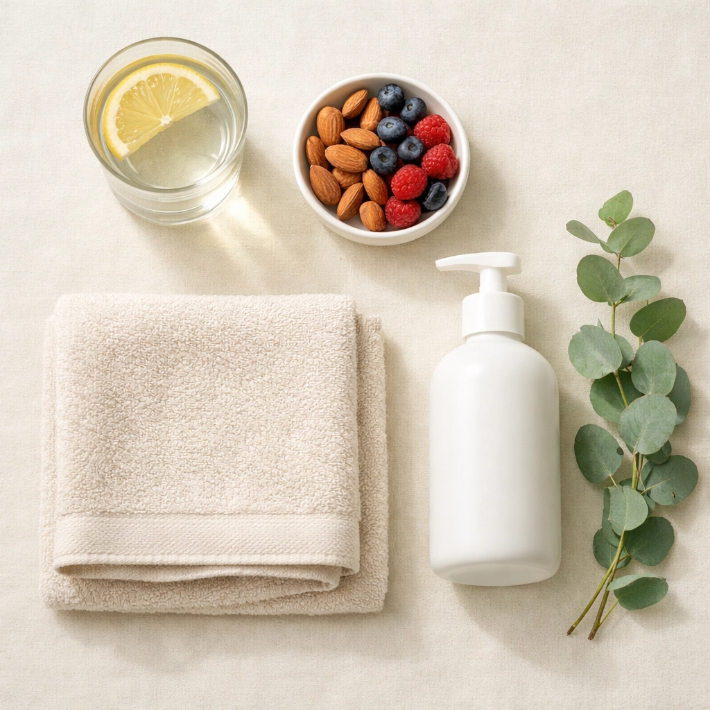 Postpartum skin care essentials: water, healthy foods, and moisturizer for belly skin support