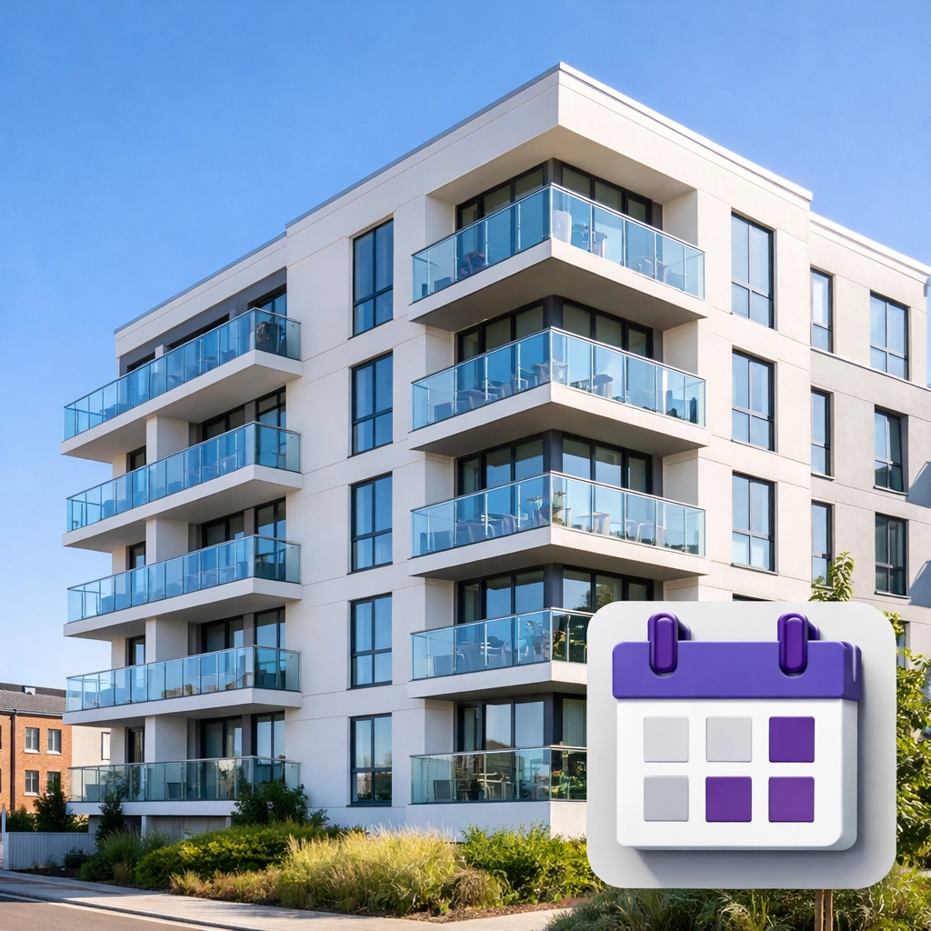 Modern Essex apartment building with a calendar icon representing timely service charge budget delivery.