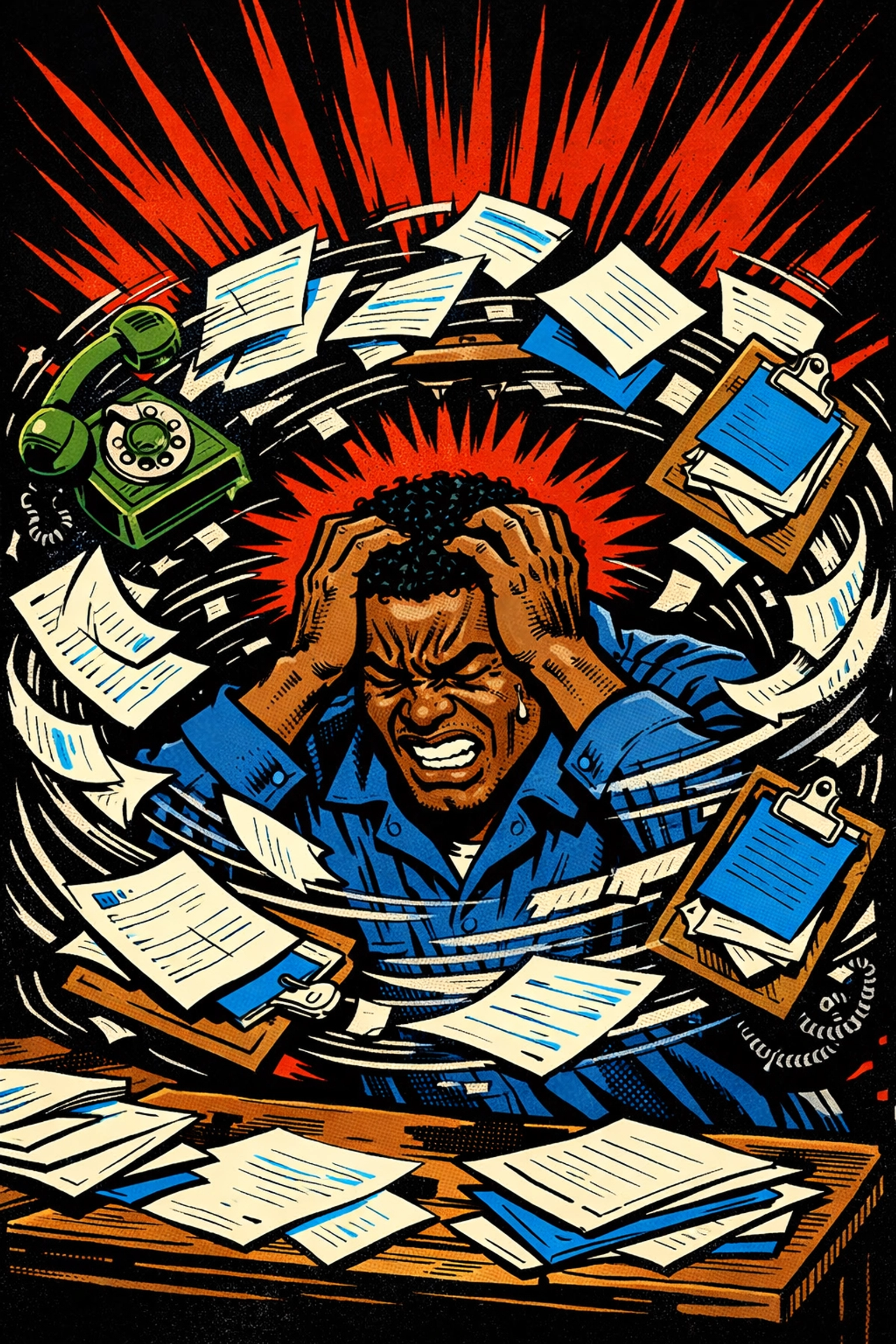 Stressed field service technician overwhelmed by a mountain of manual paper invoices and phone calls.