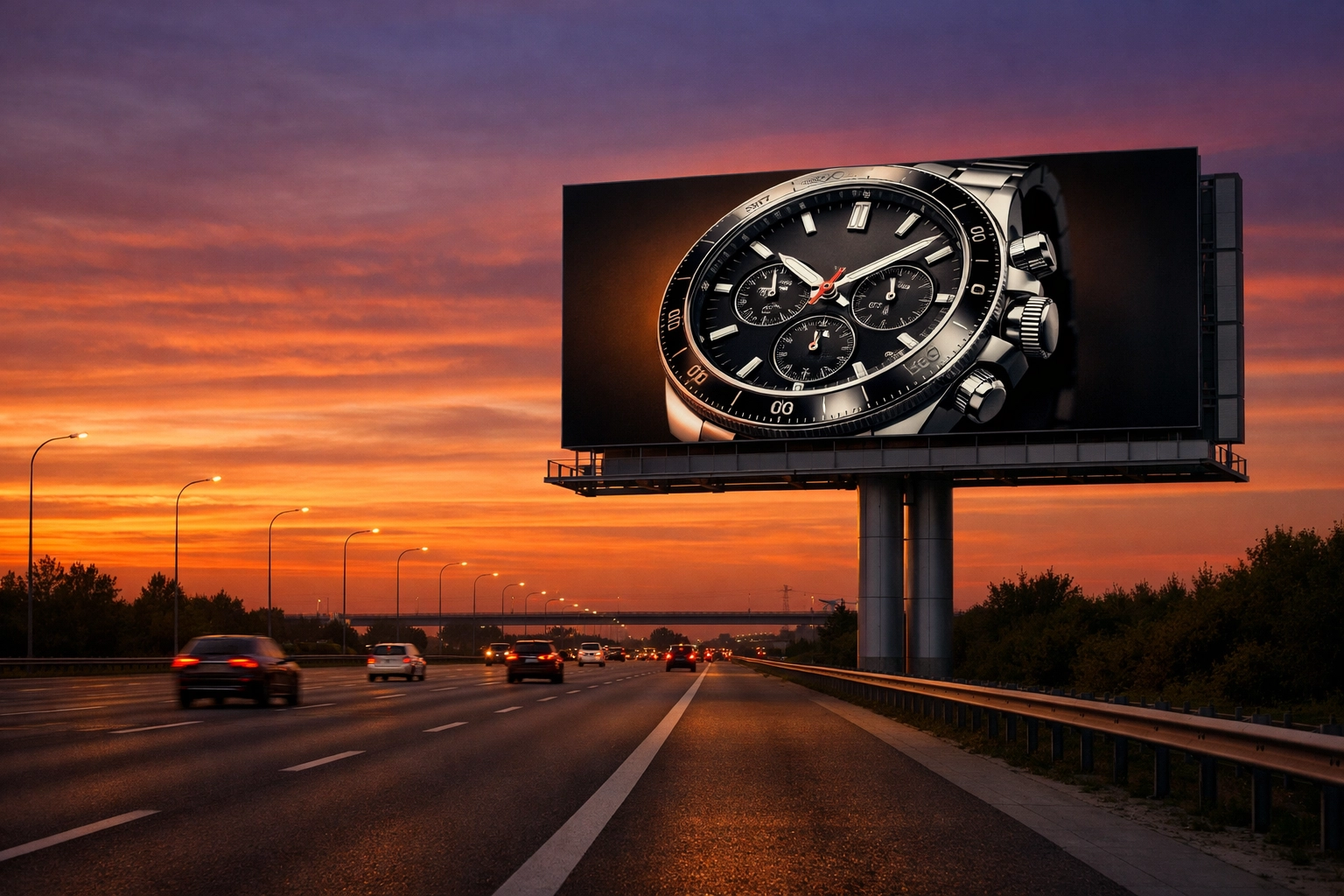 Strategic highway digital billboard at sunset showcasing high-impact outdoor advertising solutions by Dakdan Worldwide.