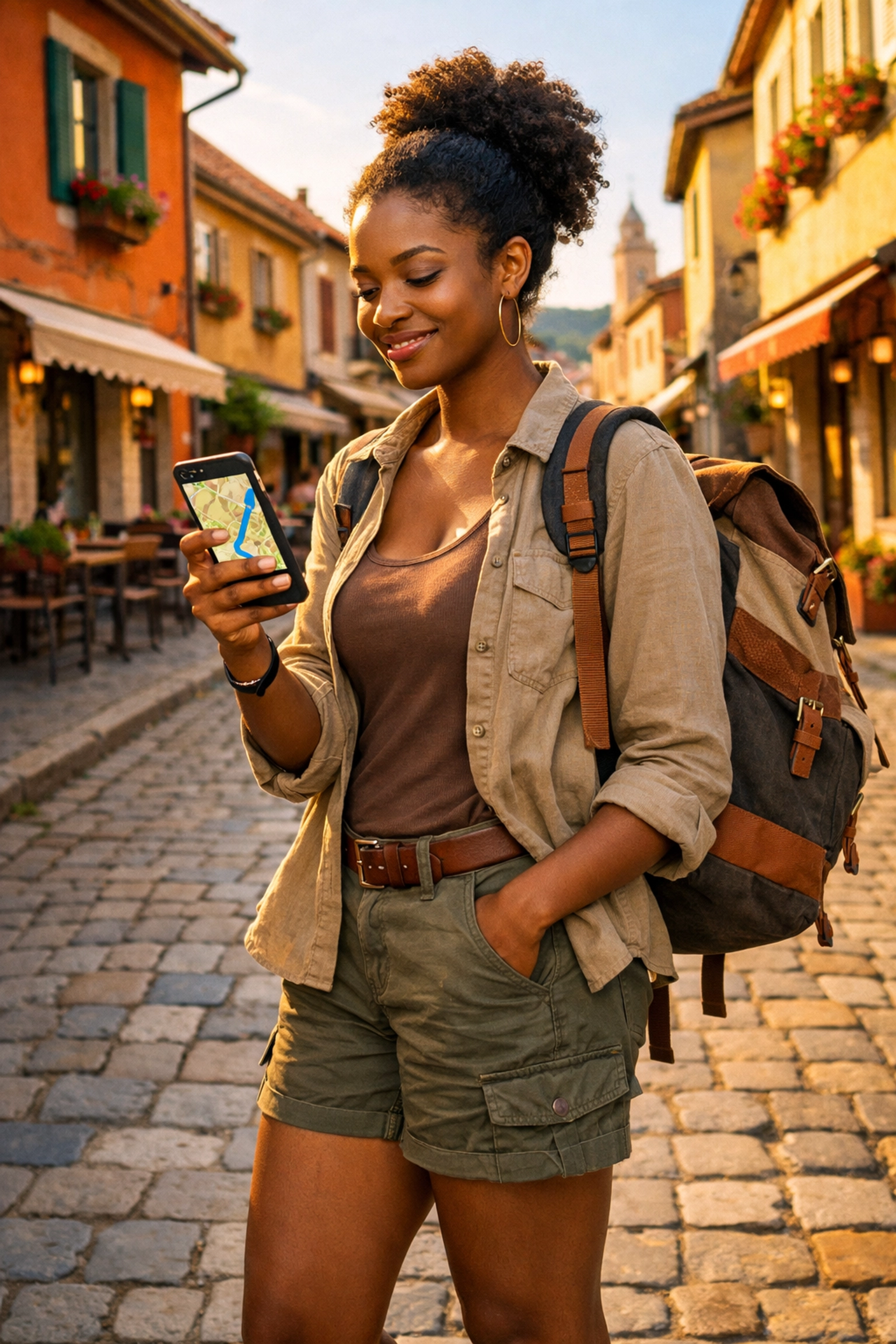 Traveler using offline maps on smartphone during international trip in Europe