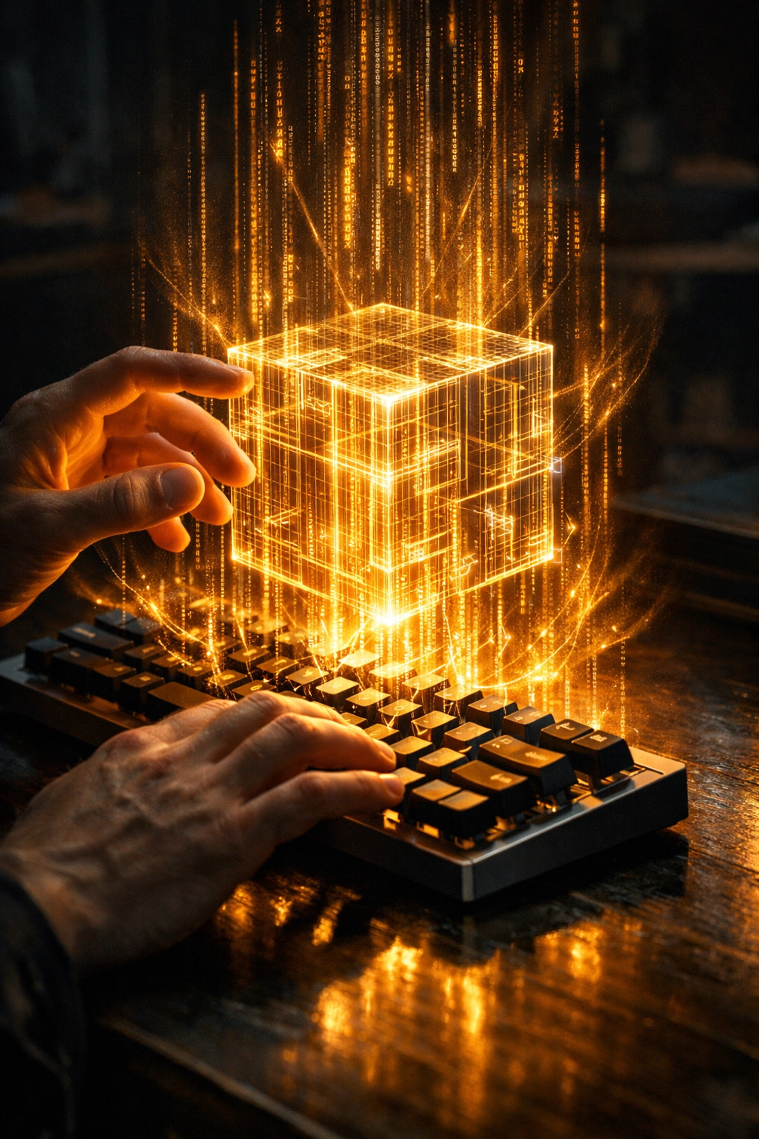 Hands interacting with glowing AI code to create a technical workflow for a digital business.