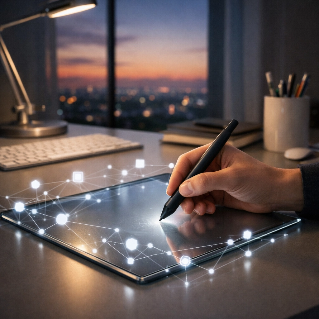 Designer using a digital tablet and stylus to illustrate human-centric design and modern branding tools.