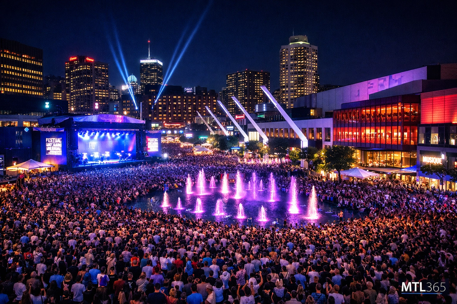 Nighttime crowd at the Montreal International Jazz Festival in the vibrant Quartier des Spectacles.