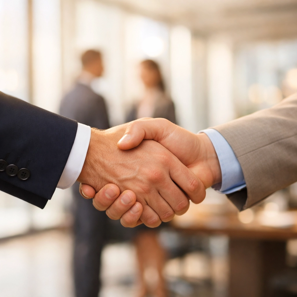 Business professionals shaking hands to seal franchise partnership agreement
