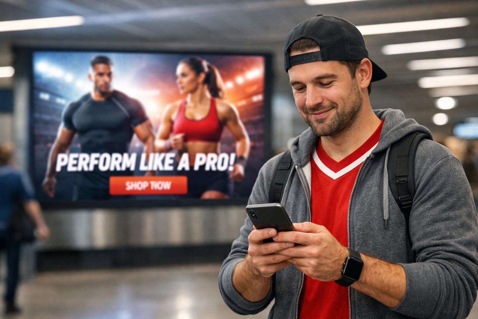 A fan holding a smartphone near a digital out-of-home display in a stadium concourse for retargeting.