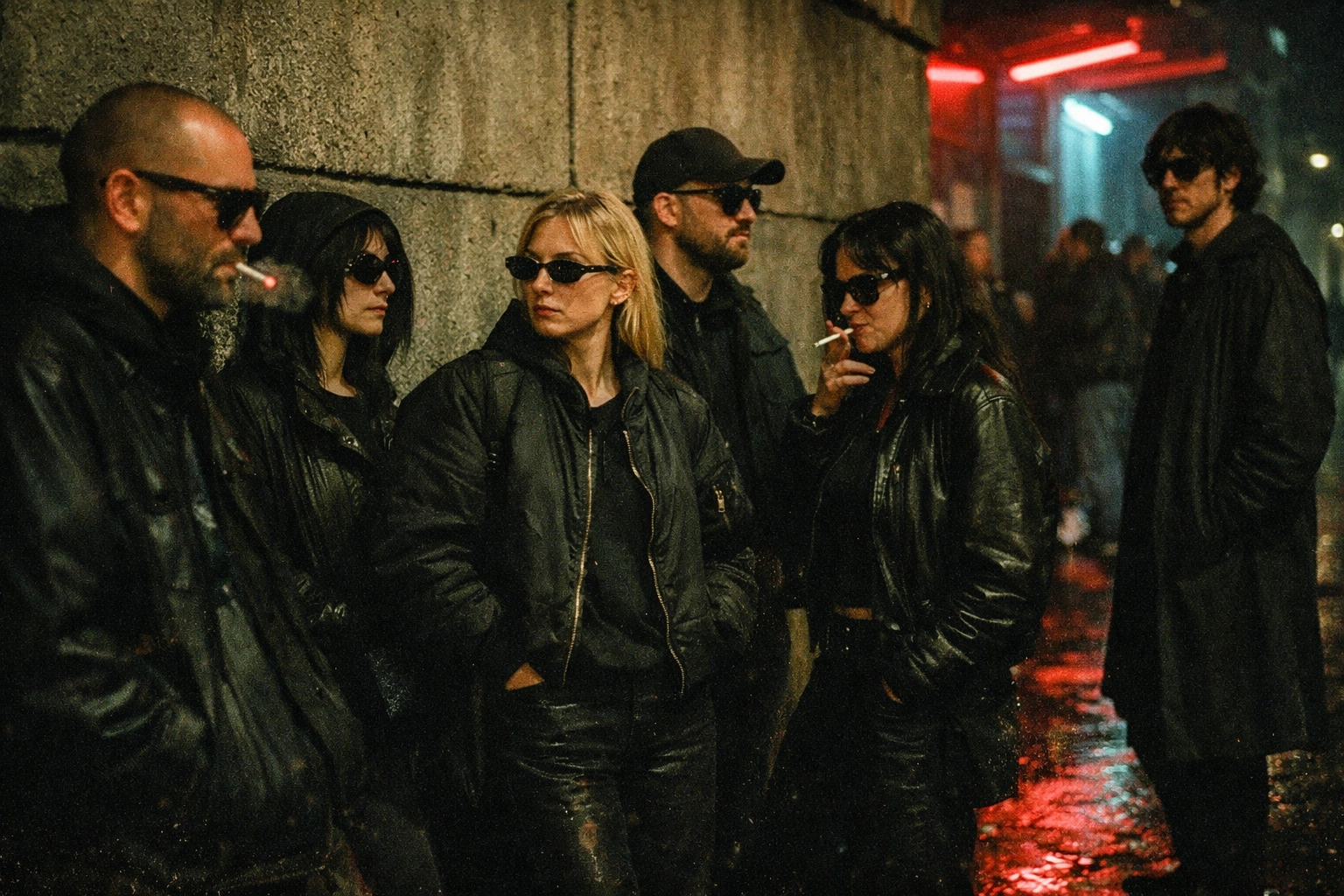 People queueing outside a Berlin club at night, rain-slick street, dark utilitarian fashion and sunglasses, gritty 35mm documentary vibe.