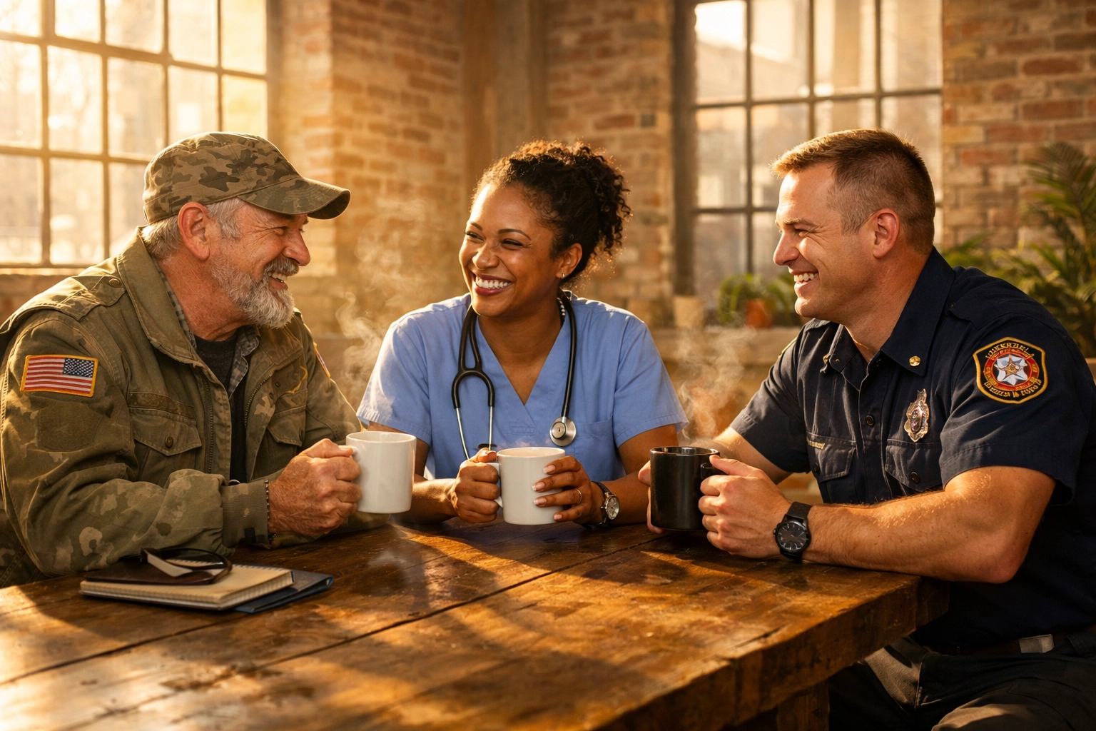 Veterans and medical personnel sharing a cup of community-driven Peacemaker Coffee.
