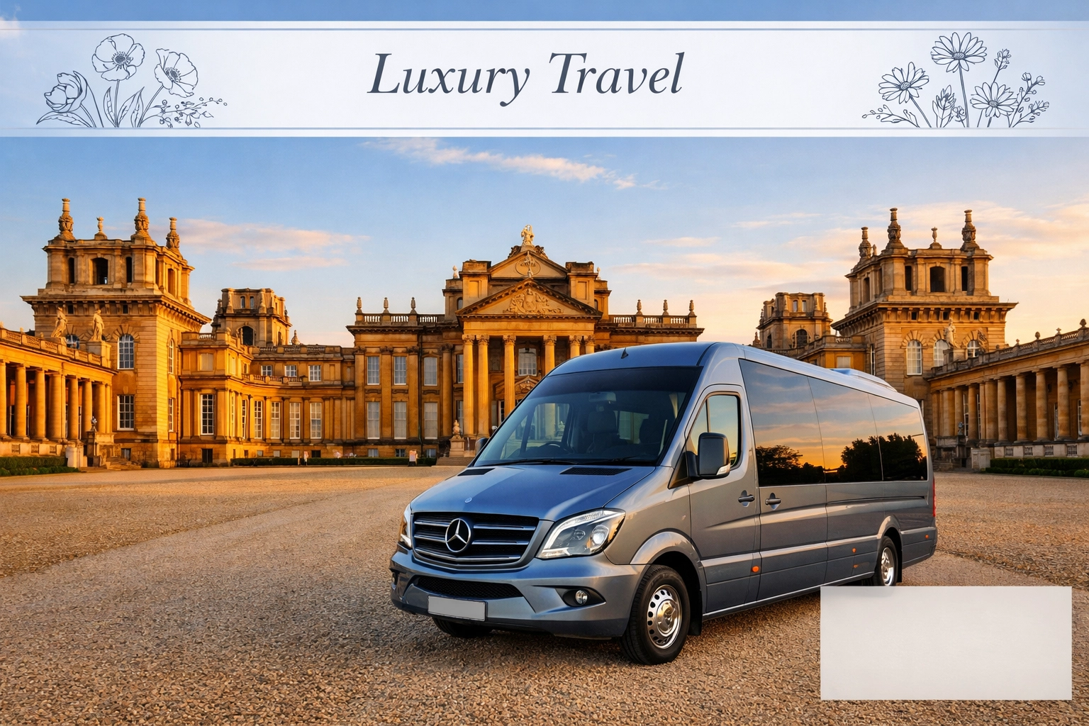 Shakespeare Coaches minibus parked in front of the historic Blenheim Palace in Woodstock.