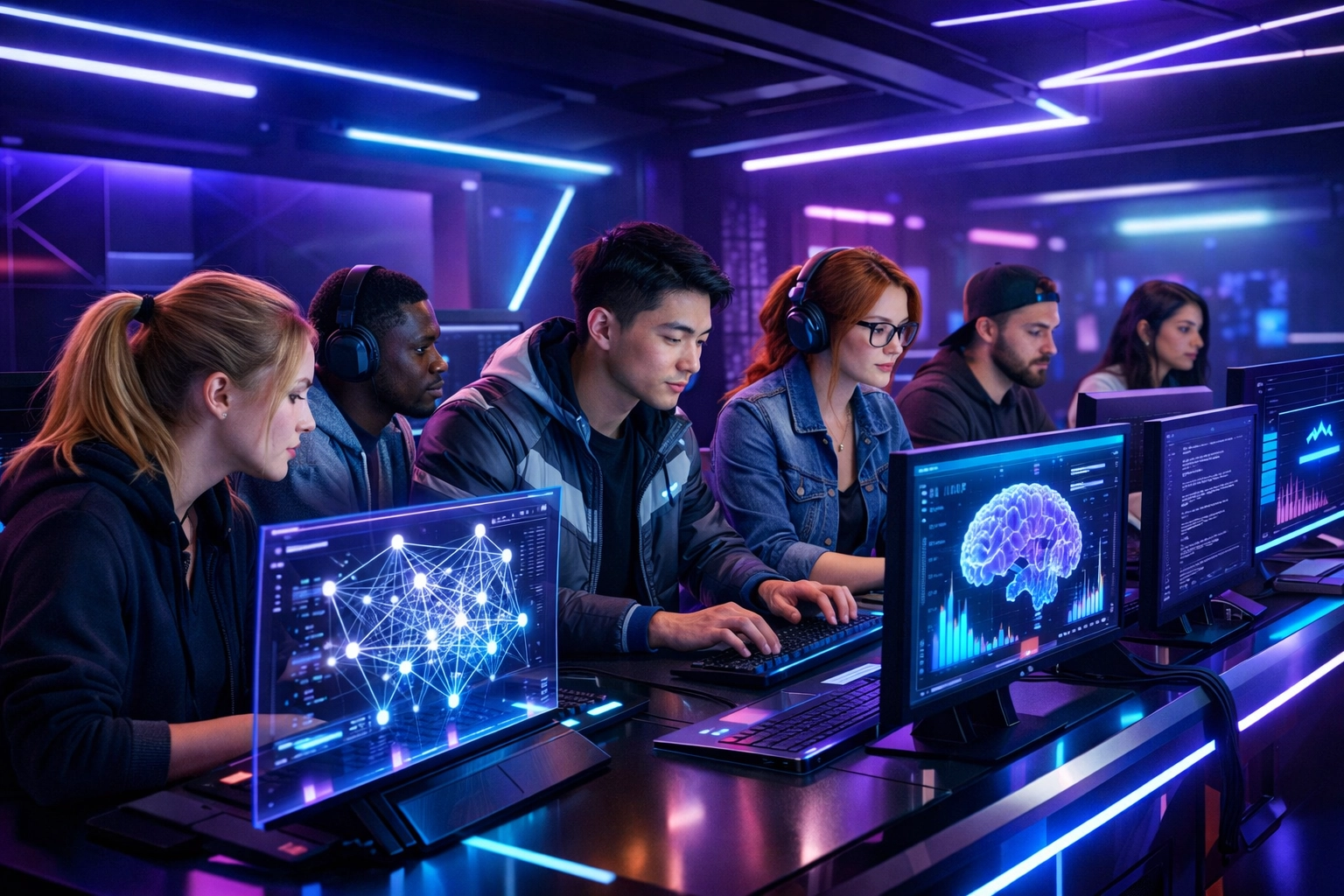 Diverse students in a brand-powered AI lab using high-tech workstations for career readiness training.