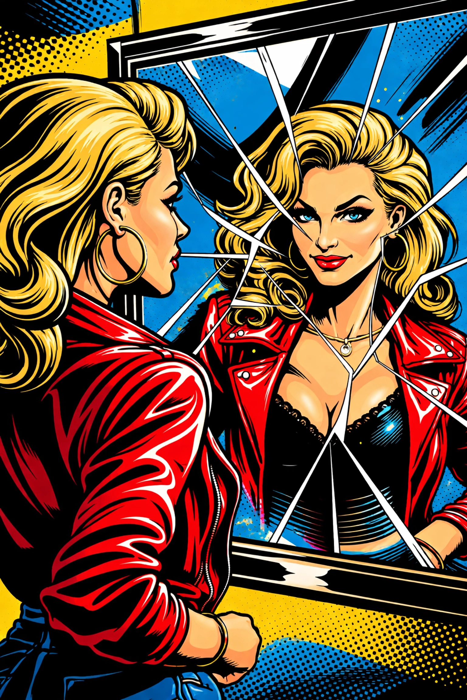 Confident woman facing her fierce reflection, illustrating unapologetic self-acceptance and boldness.