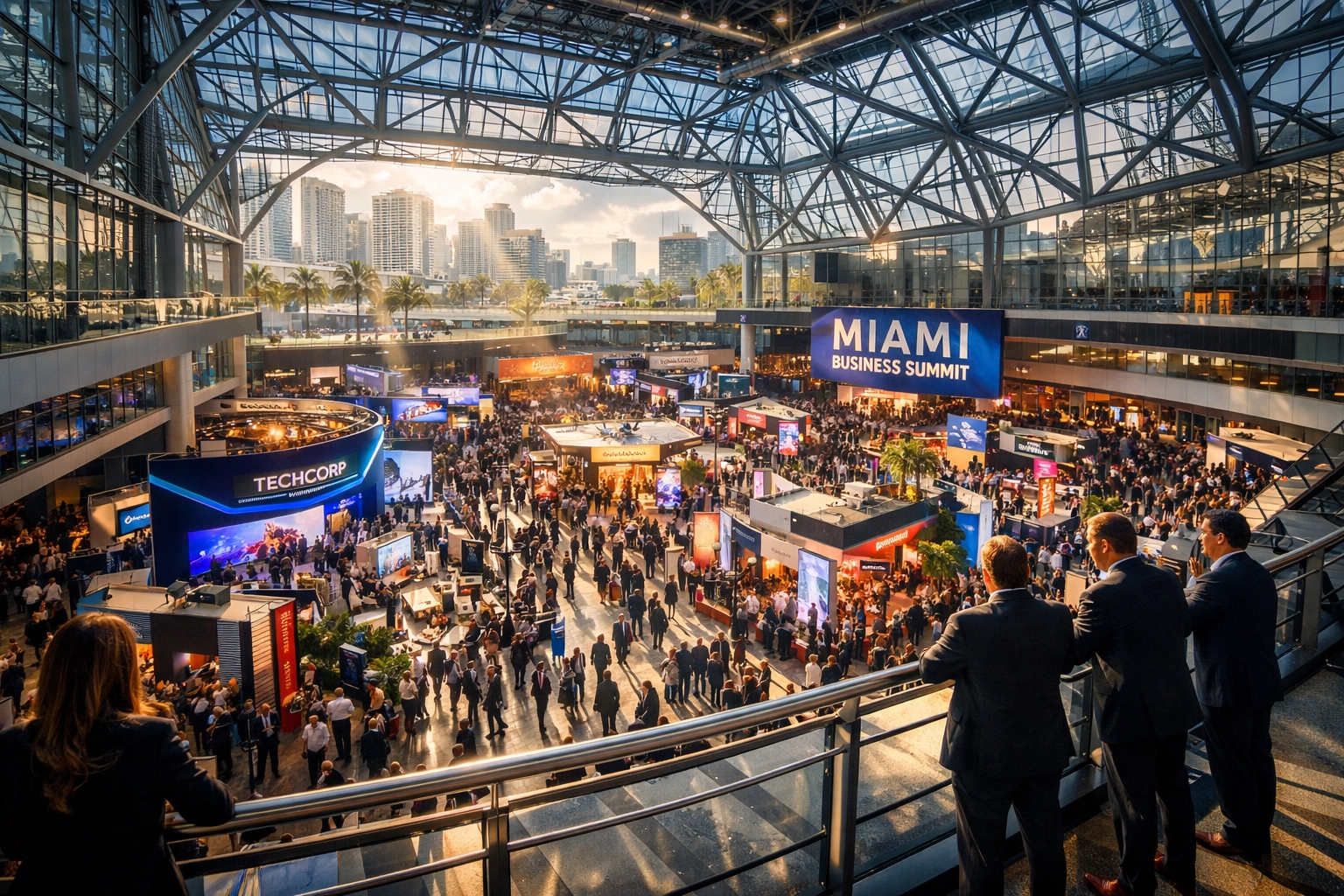 Large-scale conference photography capturing a bustling business event floor at a Miami convention center.