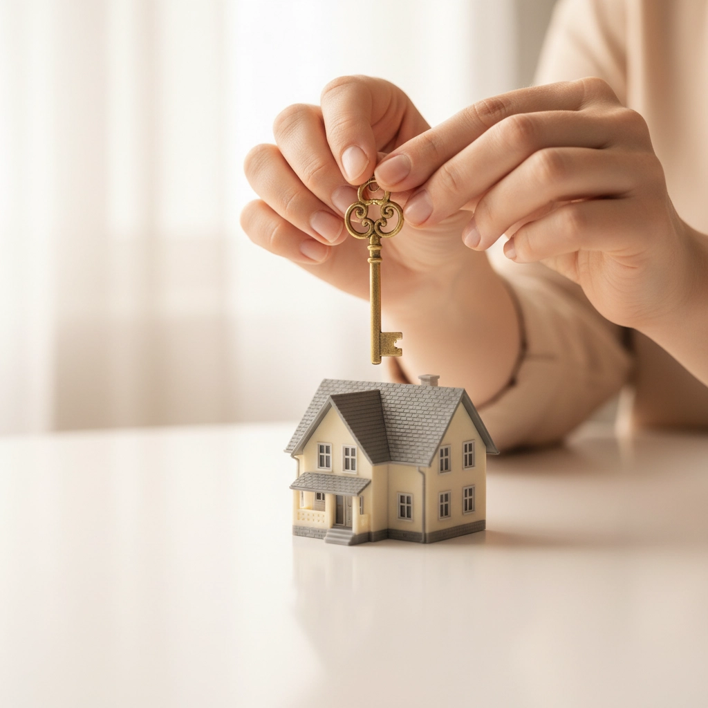 Hands holding a vintage key above a small model house on a white table, suggesting home ownership. Soft lighting creates a warm mood.