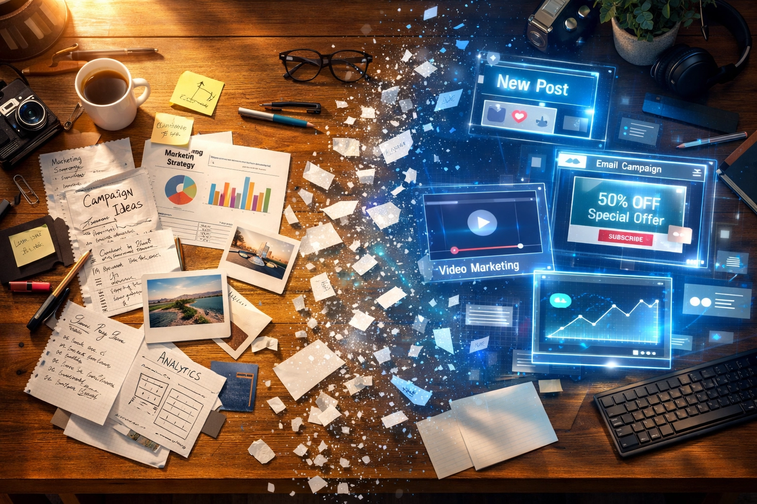 25 Creative AI Automation Ideas for Small Business Owners Who Think They've Tried Everything 3 Marketing materials transforming into automated digital content across multiple platforms