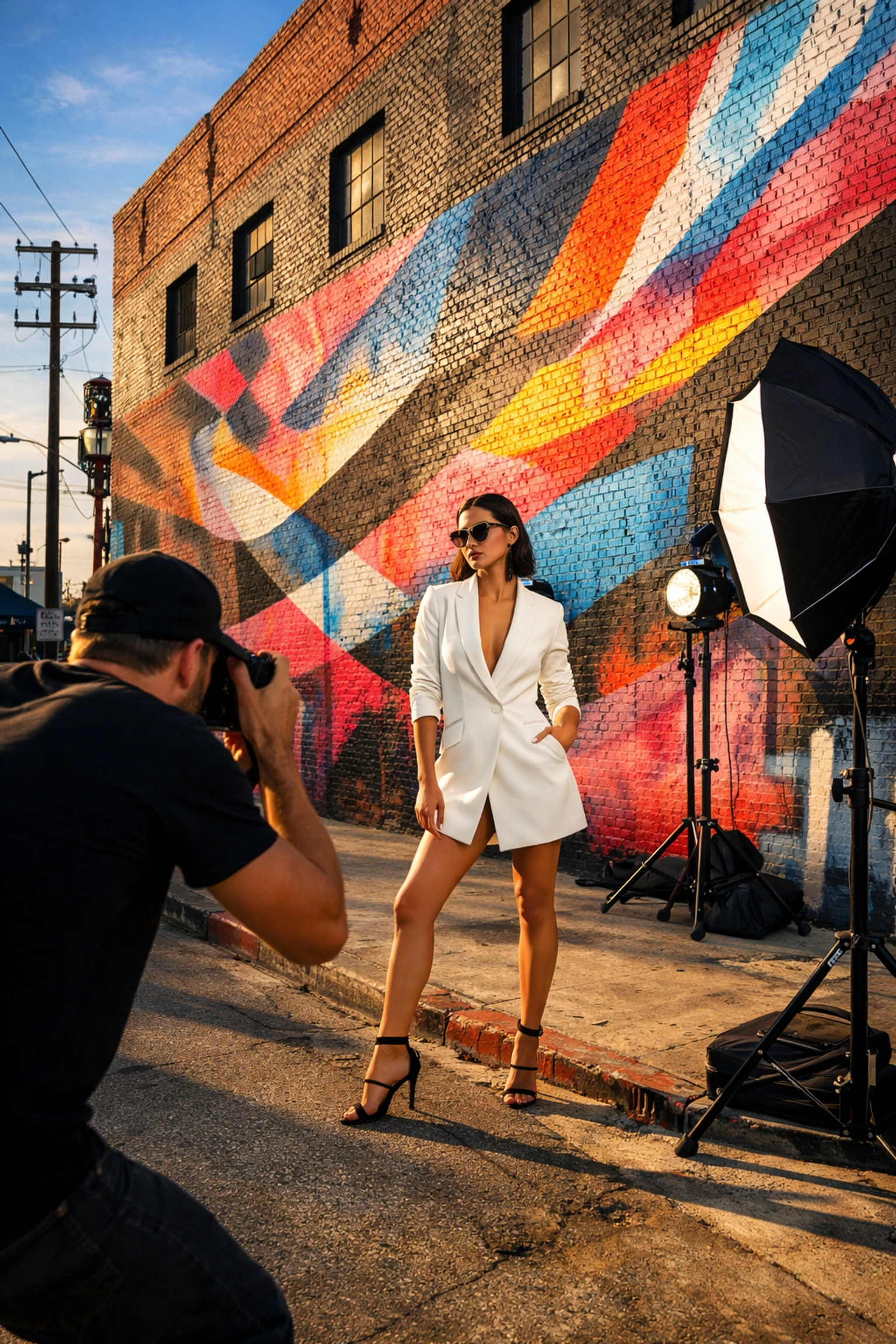 Professional fashion photographer shooting at a vibrant mural in the Los Angeles Arts District.