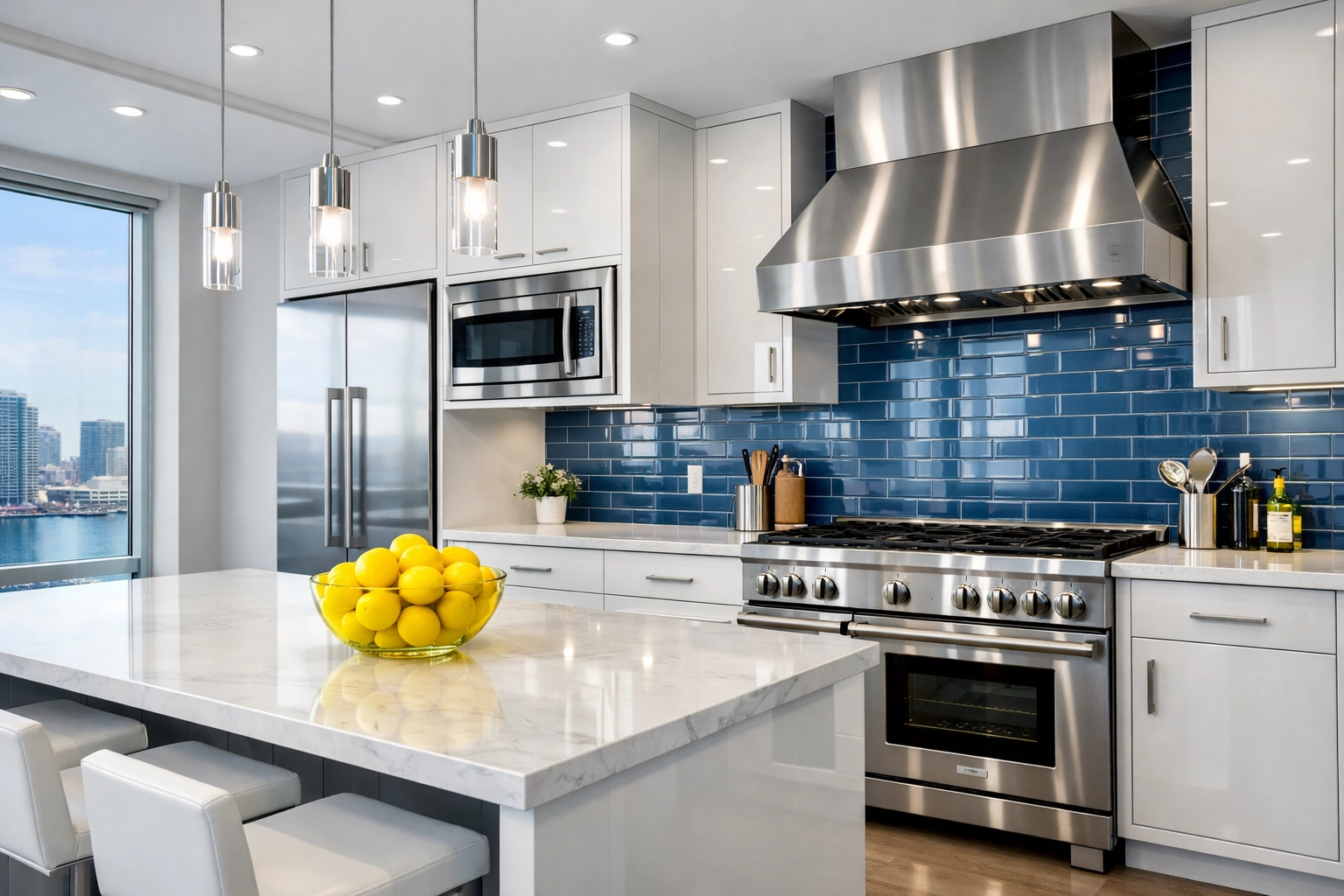 Spotless luxury kitchen with polished appliances and marble counters after professional apartment cleaning in Boston.