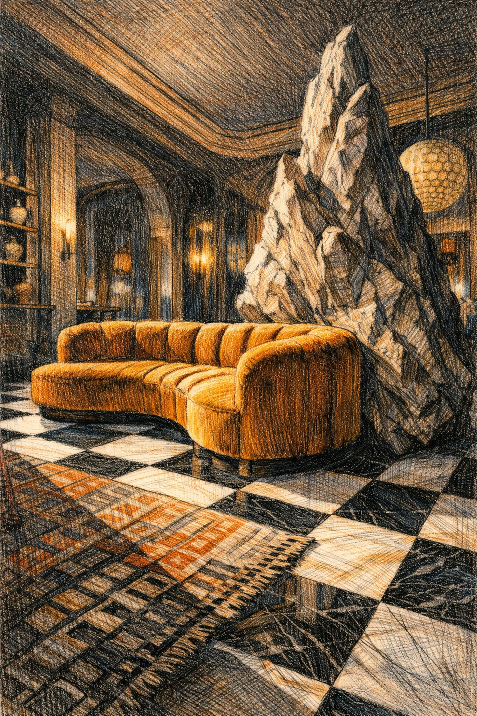 Boutique hotel interior design featuring a velvet sofa and stone sculpture in a luxury lobby.