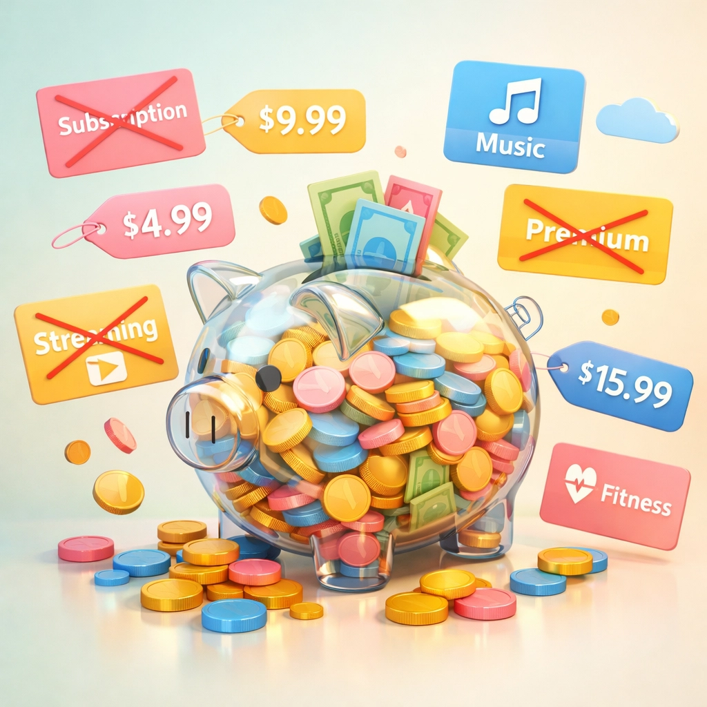 Piggy bank with multiple overlapping software subscriptions representing wasted business costs