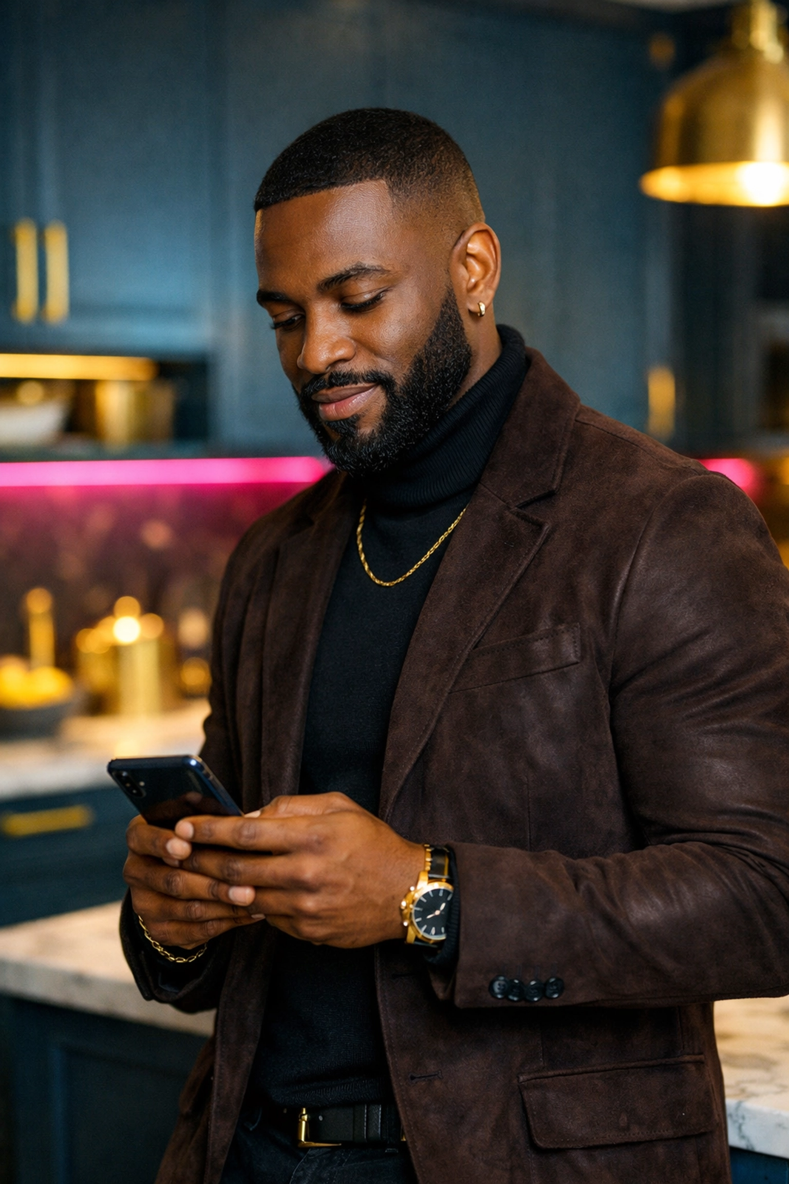 A man checking his smart home security app in a modern kitchen, ensuring peace of mind in Gwinnett.