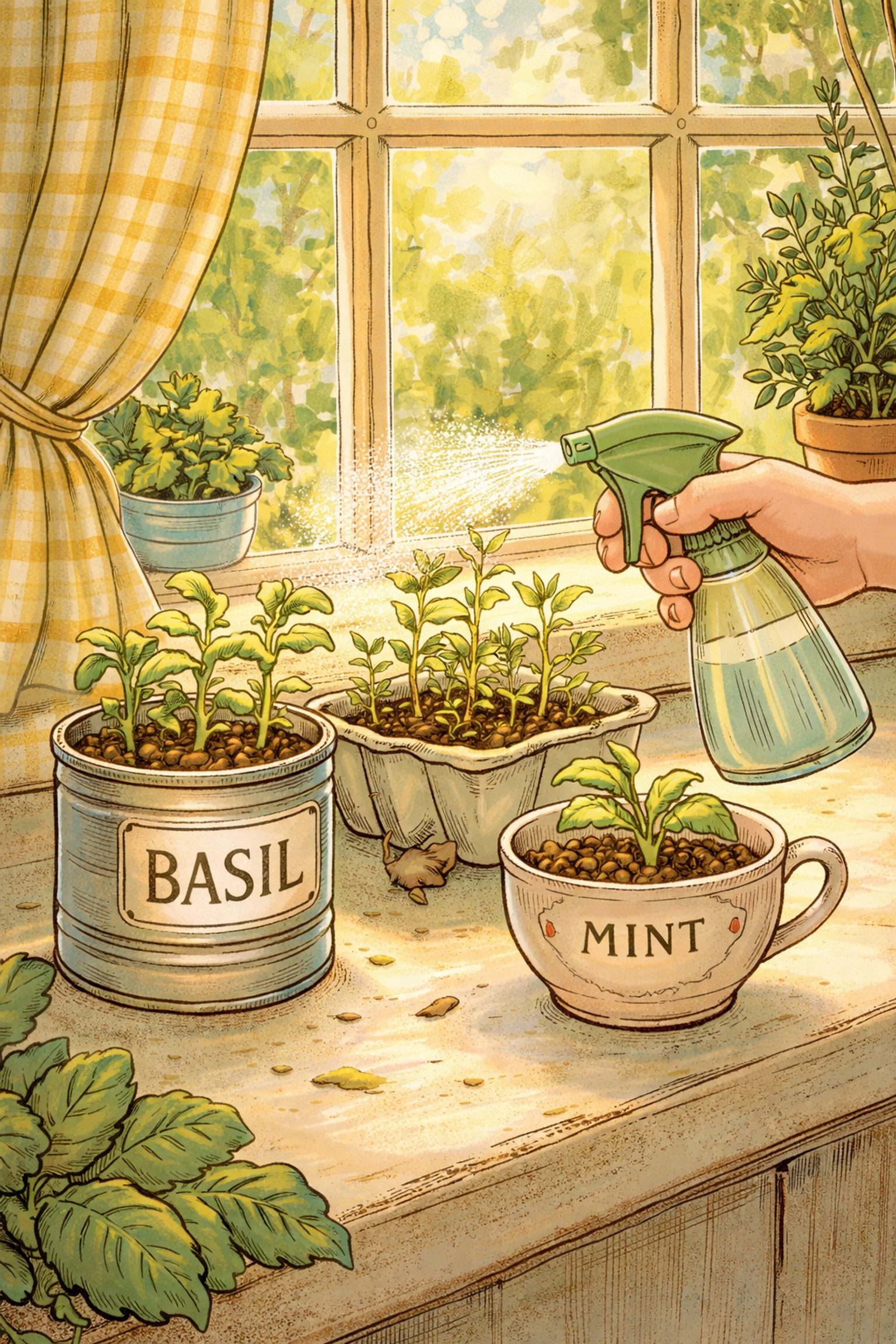 Sprouting seedlings grow in recycled containers on a sunny windowsill as a child gently mists them in a beginner herb garden.