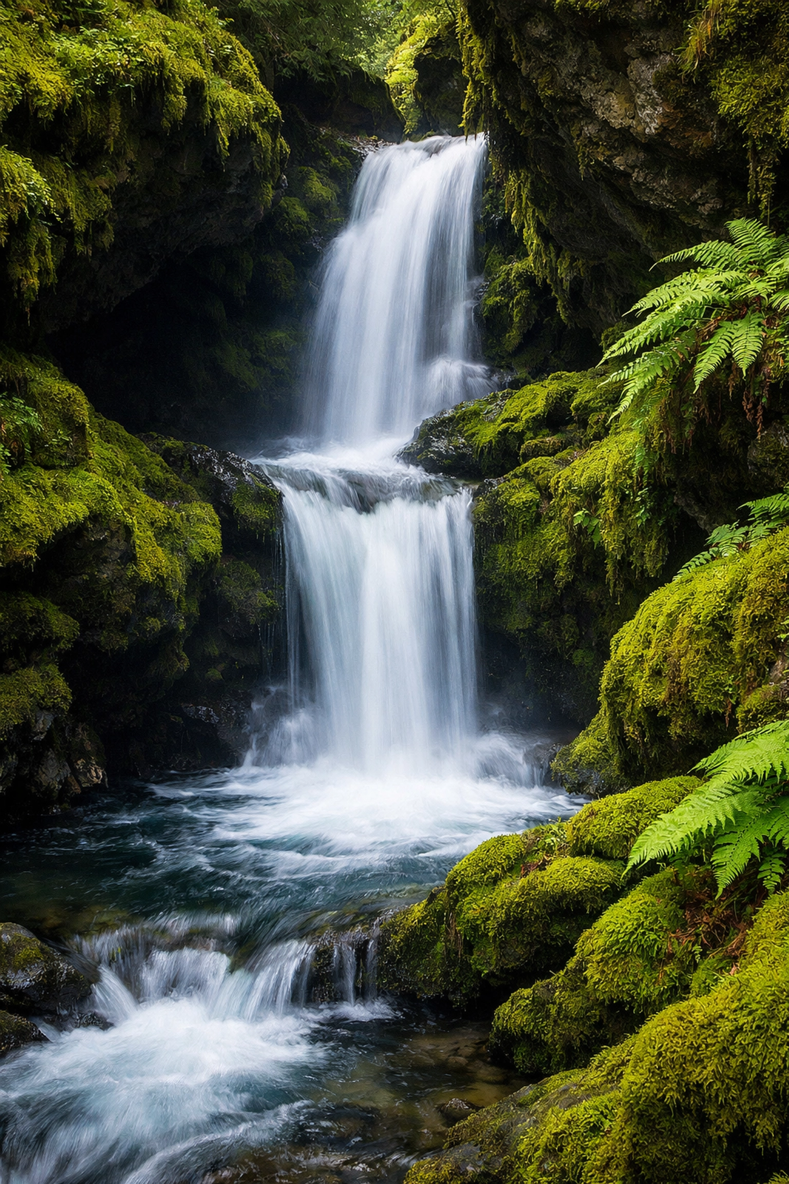 Long exposure waterfall with mossy rocks, showcasing landscape photography tips for post-processing.
