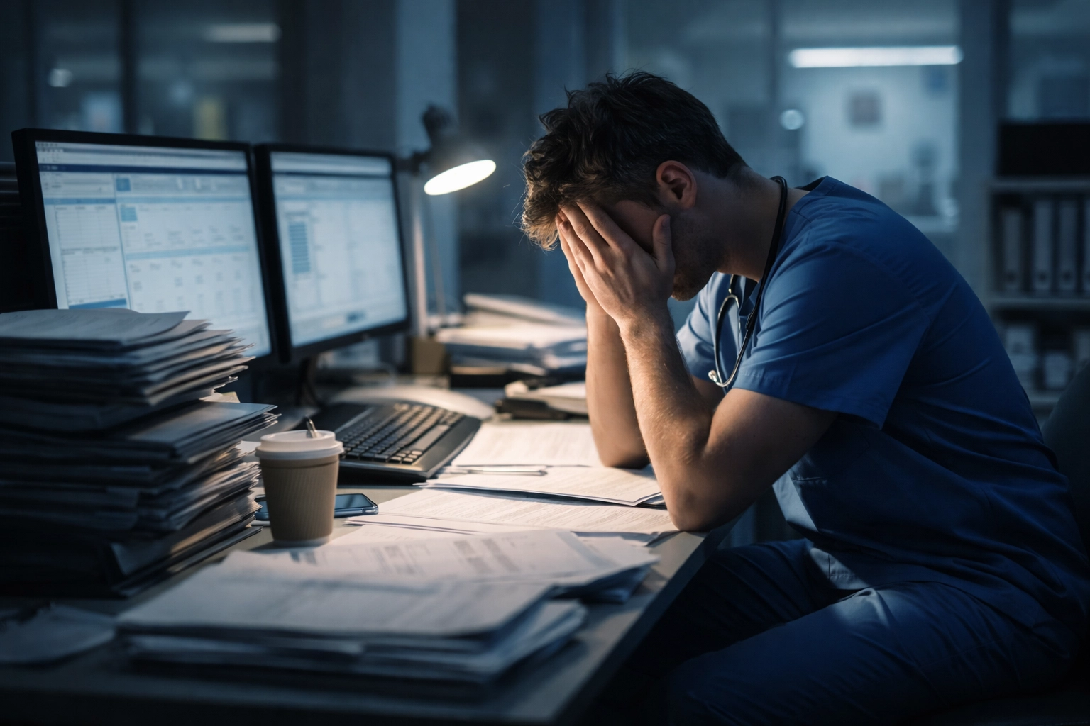 Exhausted clinician overwhelmed by paperwork and electronic health records late at night, illustrating burnout in healthcare.