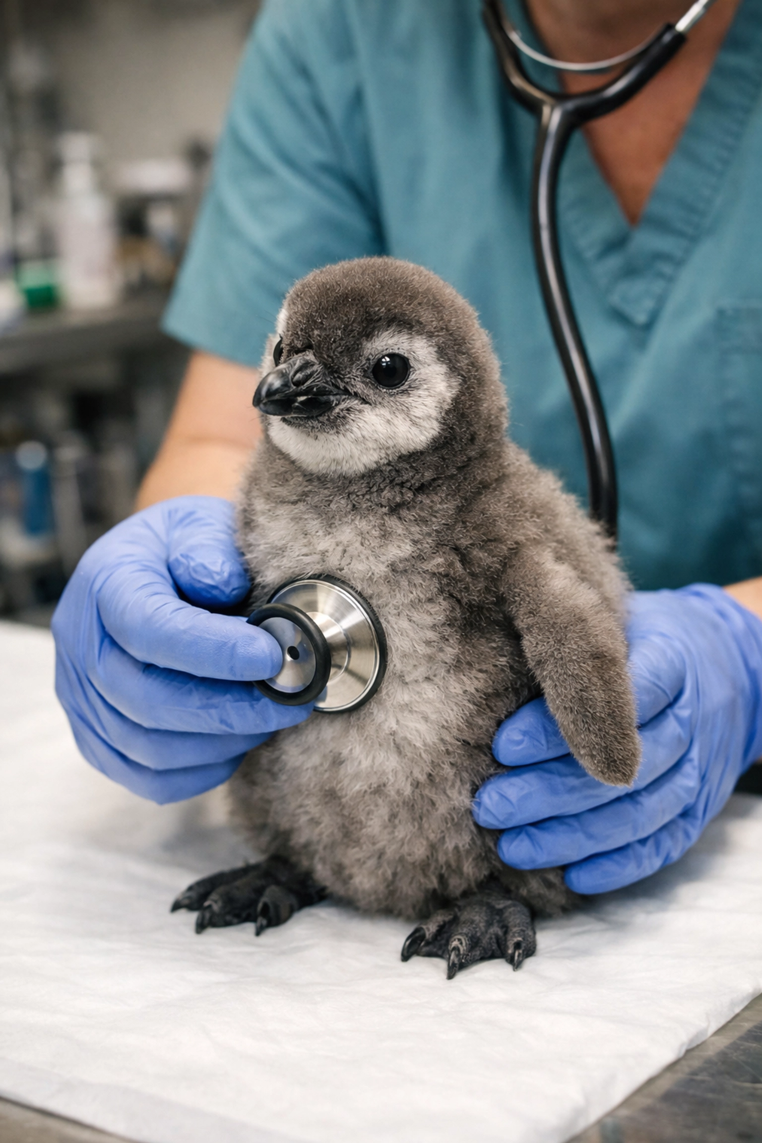 Penguin chick receiving veterinary checkup showing behind-the-scenes zoo animal care