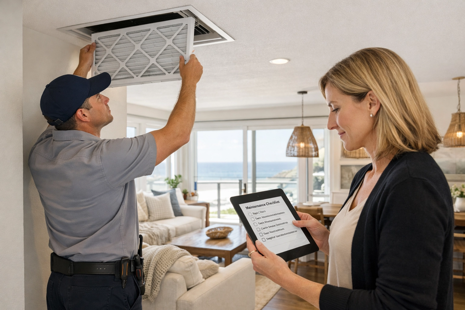 Proactive vacation rental maintenance team performing routine inspections in a luxury living room.