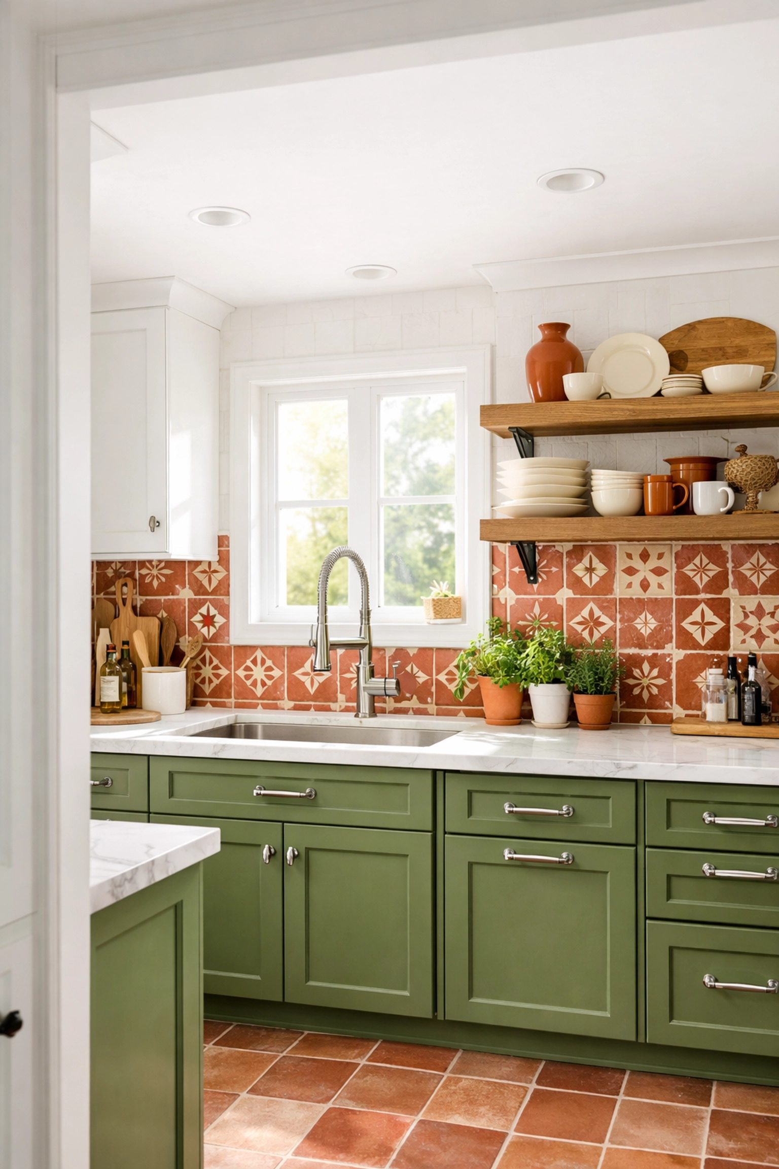 Modern kitchen with olive green cabinets, chrome fixtures, and terracotta tile backsplash in Orlando