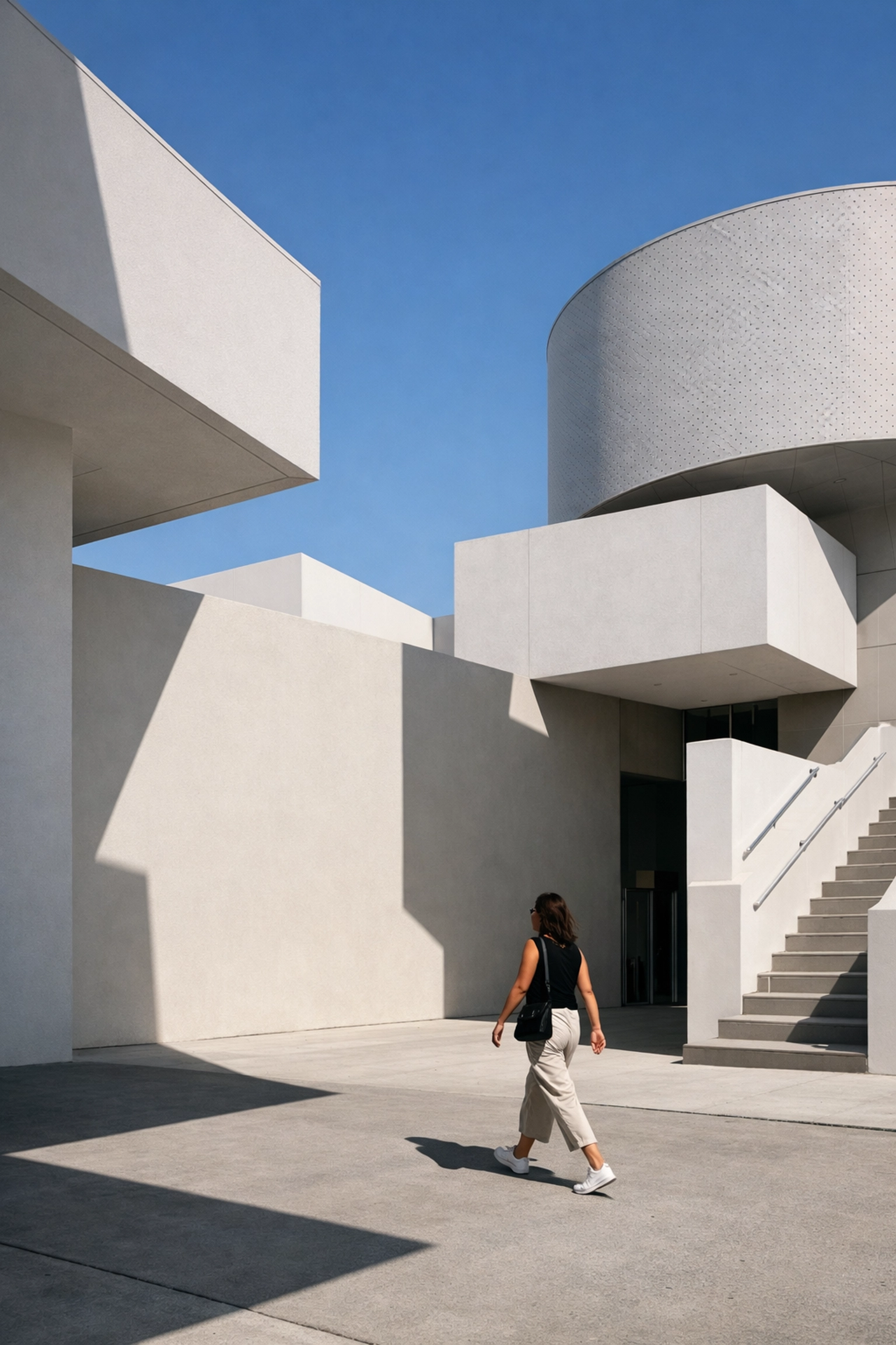 Modern architectural photography in the Miami Design District showing geometric shadows and clean lines.