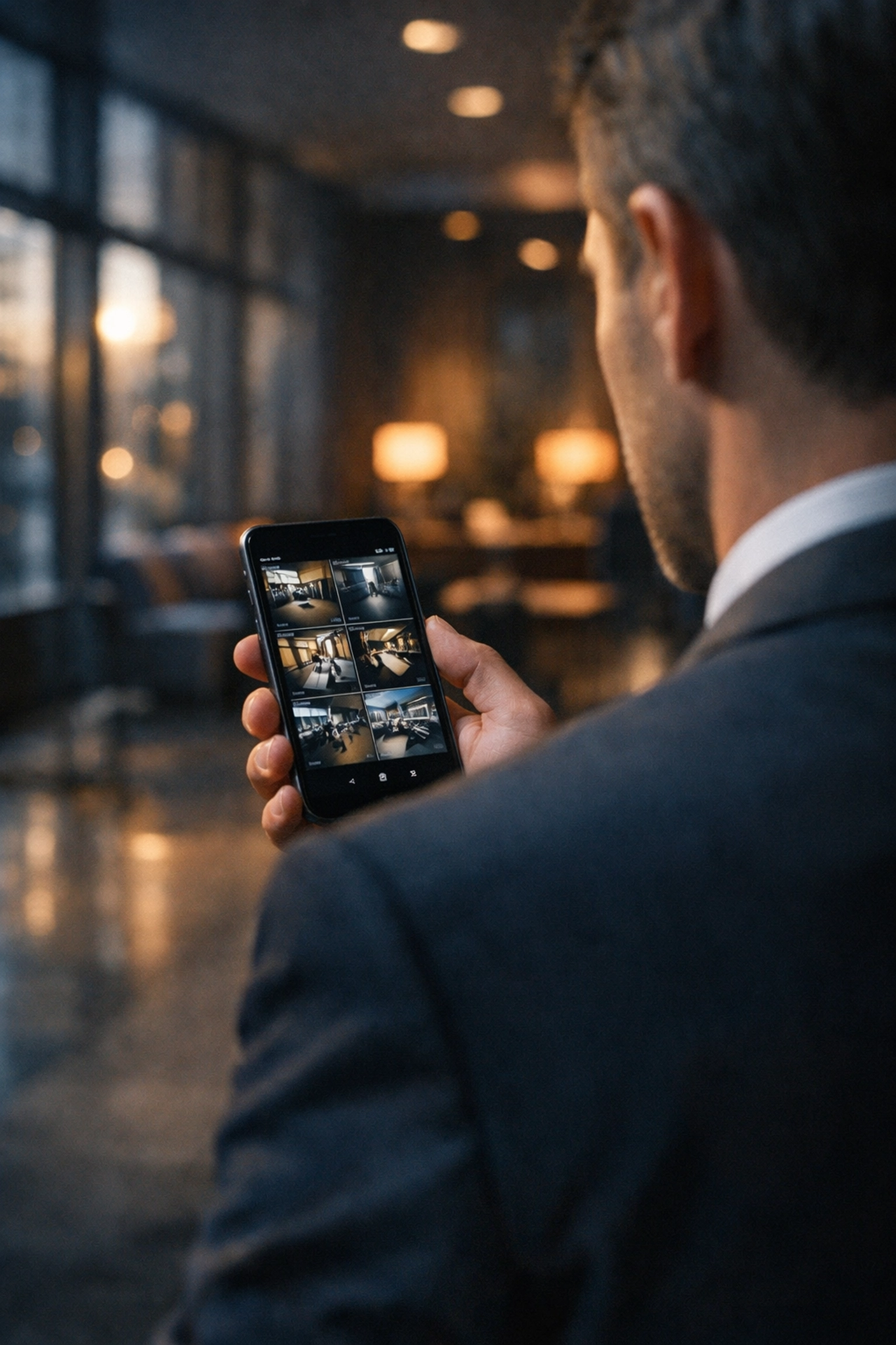 Business professional remotely monitoring security camera feeds on smartphone for real-time surveillance