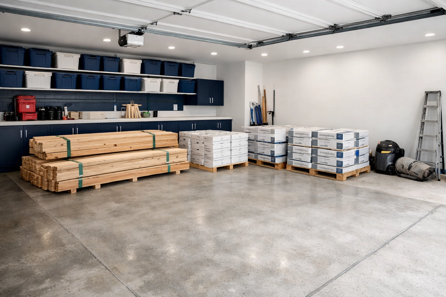 A clean residential garage floor cleared of construction materials and debris.