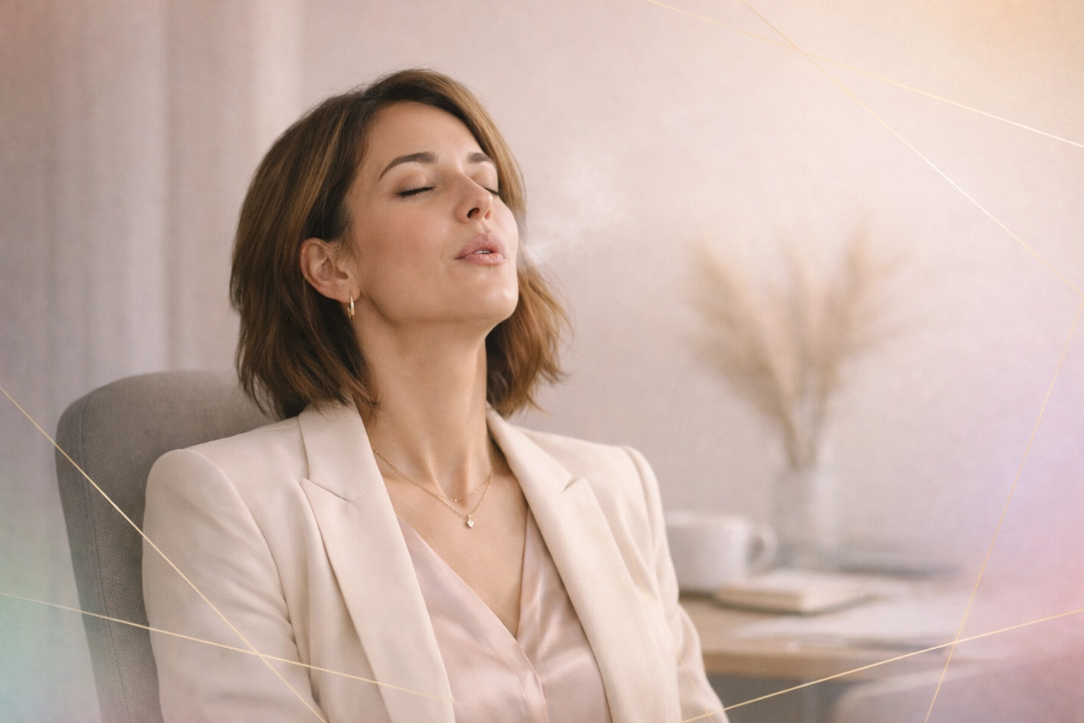 Real professional woman exhaling in relief in natural light, calm and grounded, symbolizing nervous system regulation and burnout recovery.