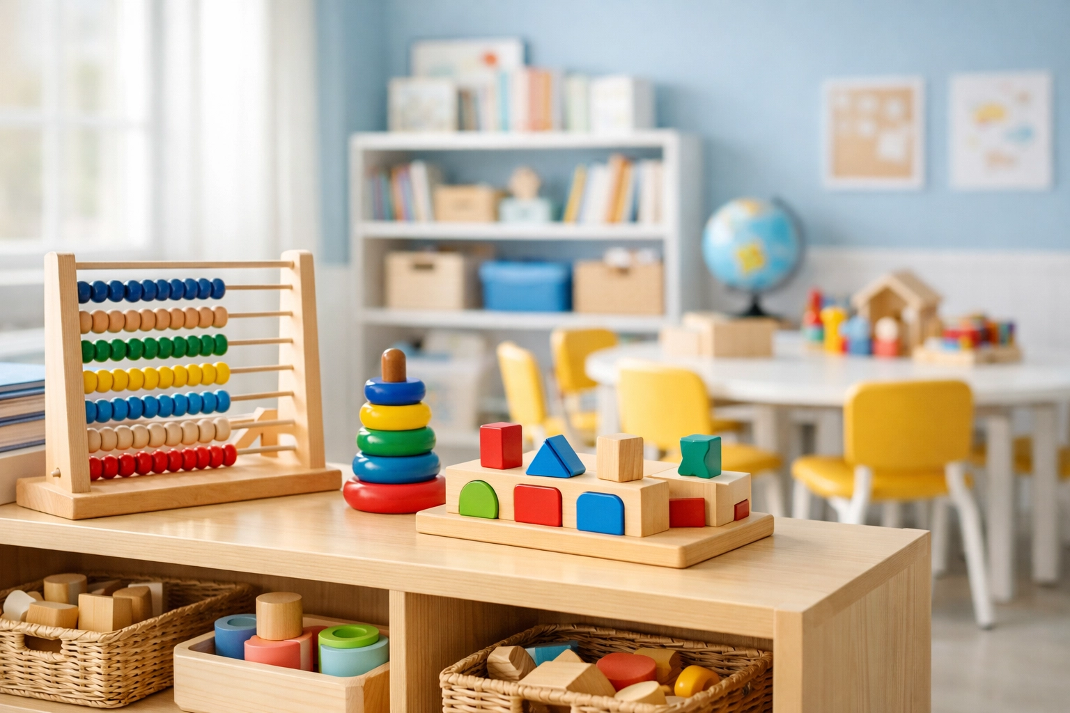 Hygienic daycare learning station with clean toys and shelves for professional daycare sanitization services.