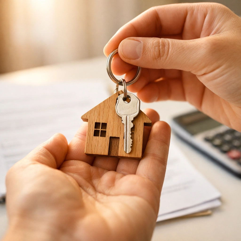 New homeowner holding house keys with mortgage loan approval documents