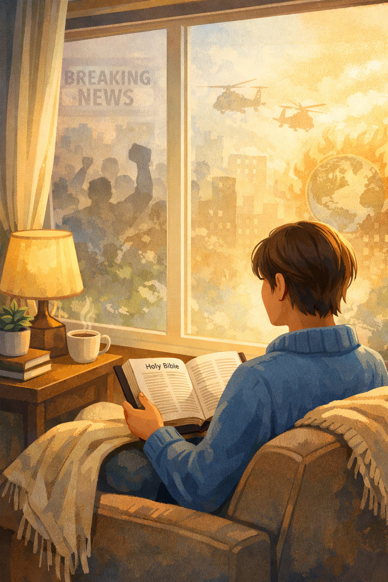 Person reading Bible peacefully while news chaos fades outside window