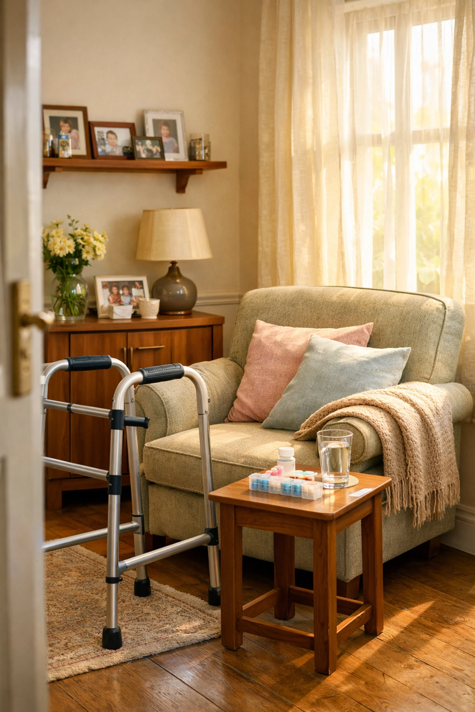Safe home environment with walking frame and medication organiser for elderly care