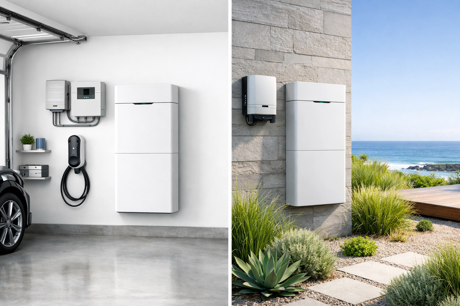 Indoor and outdoor solar battery installation options for Tesla Powerwall and GivEnergy systems.