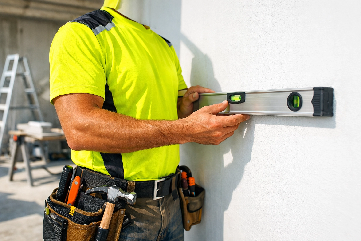 Construction worker in a high-visibility safety yellow shirt, ideal for bulk custom t shirts on the job site.