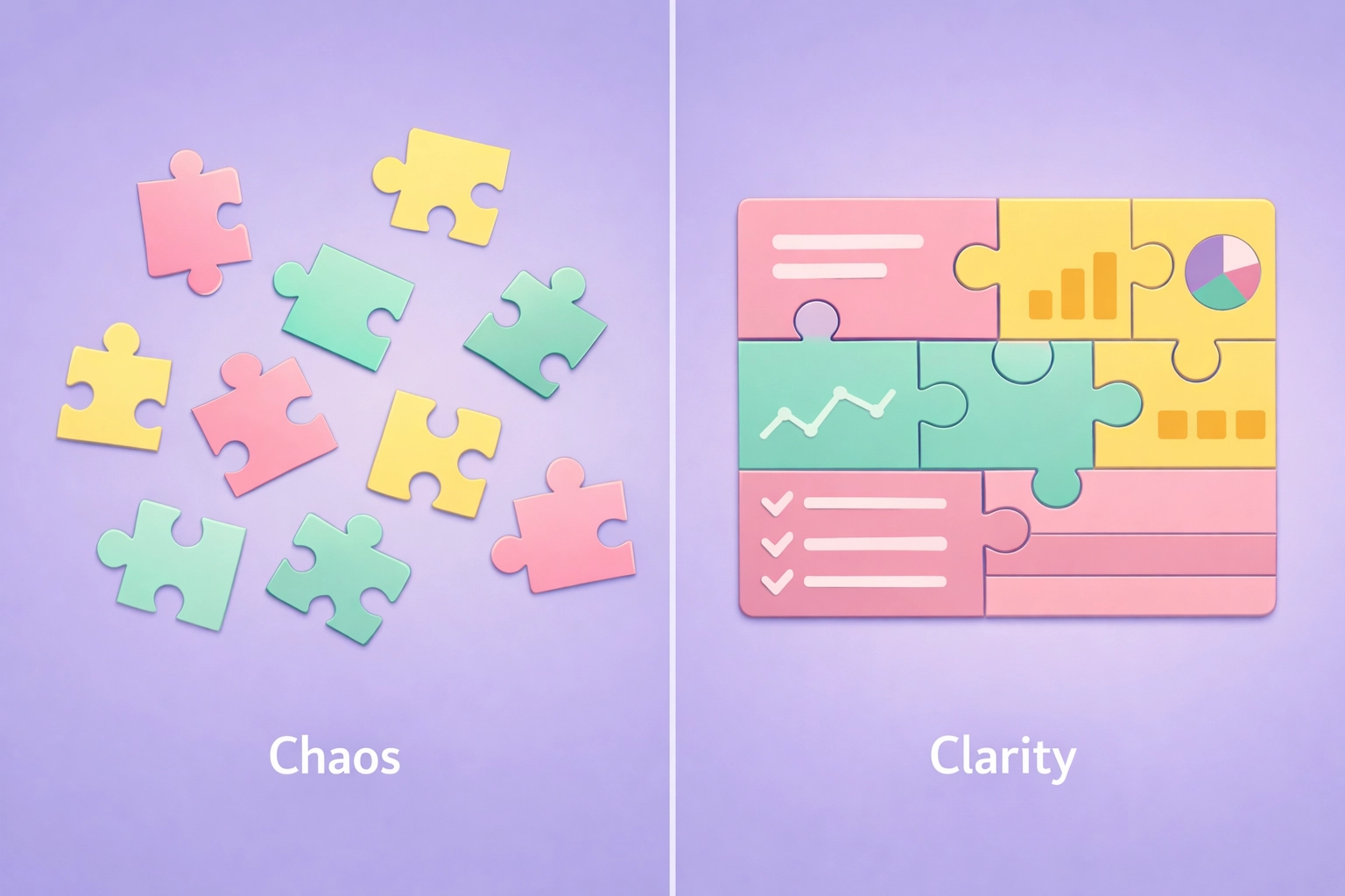Scattered puzzle pieces transforming into unified business management dashboard