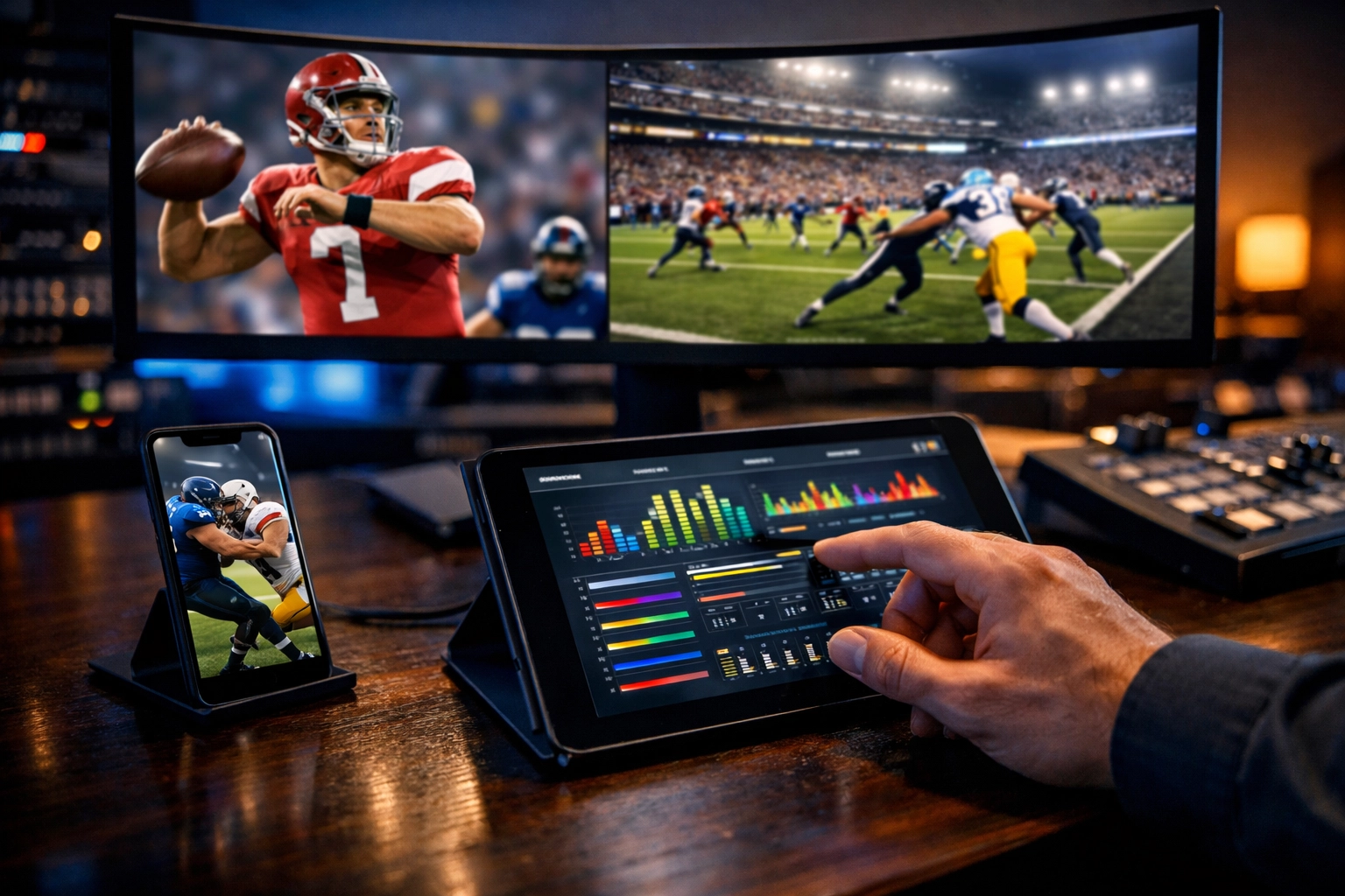 Cross-platform sports advertising performance tracking in a modern media control center.