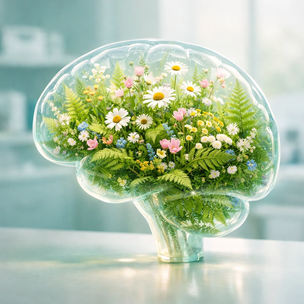 A glowing brain silhouette blooming with wildflowers, illustrating the human growth in evidence based therapy.