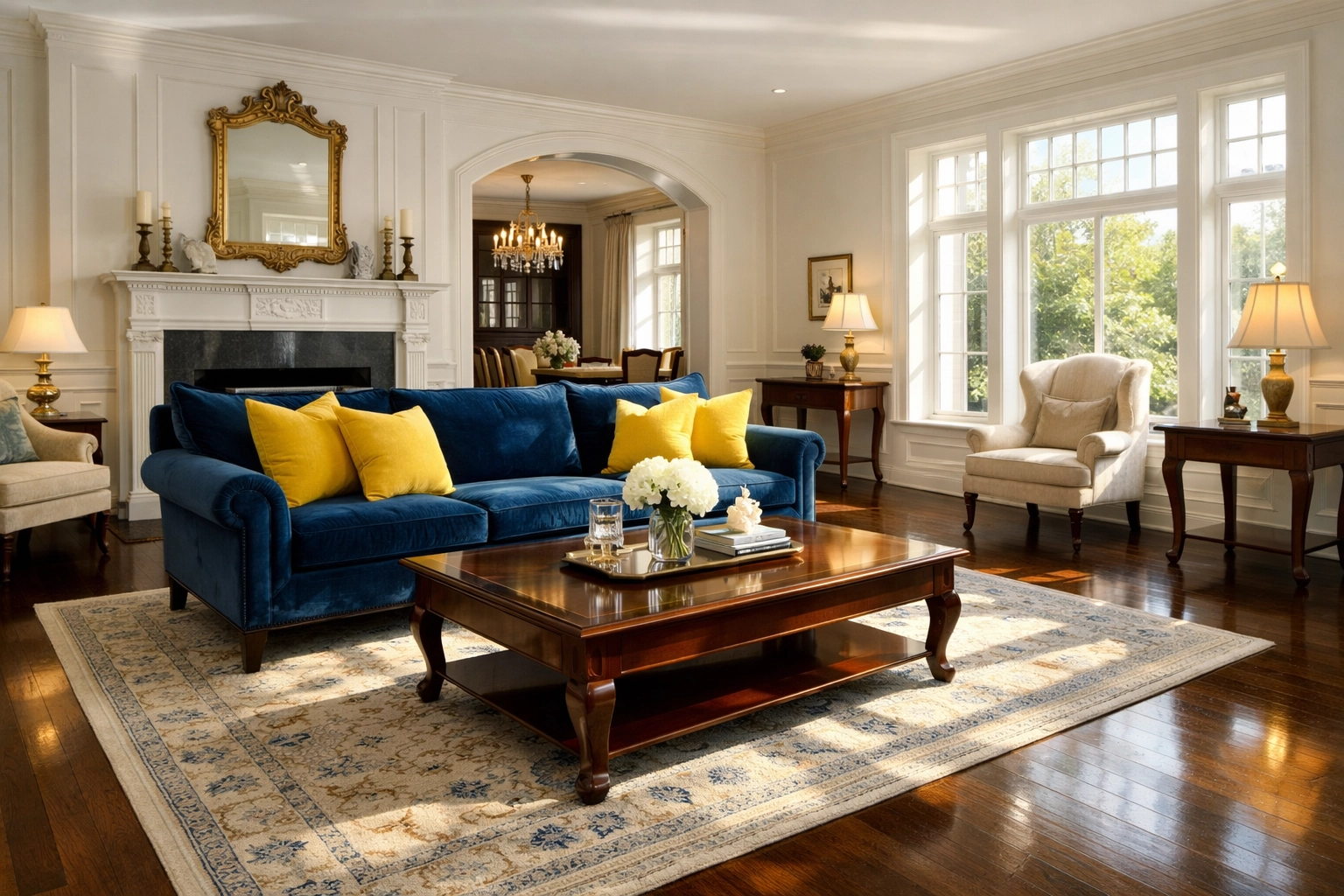 A pristine, dust-free living room in a historic home after professional deep cleaning in Worcester.