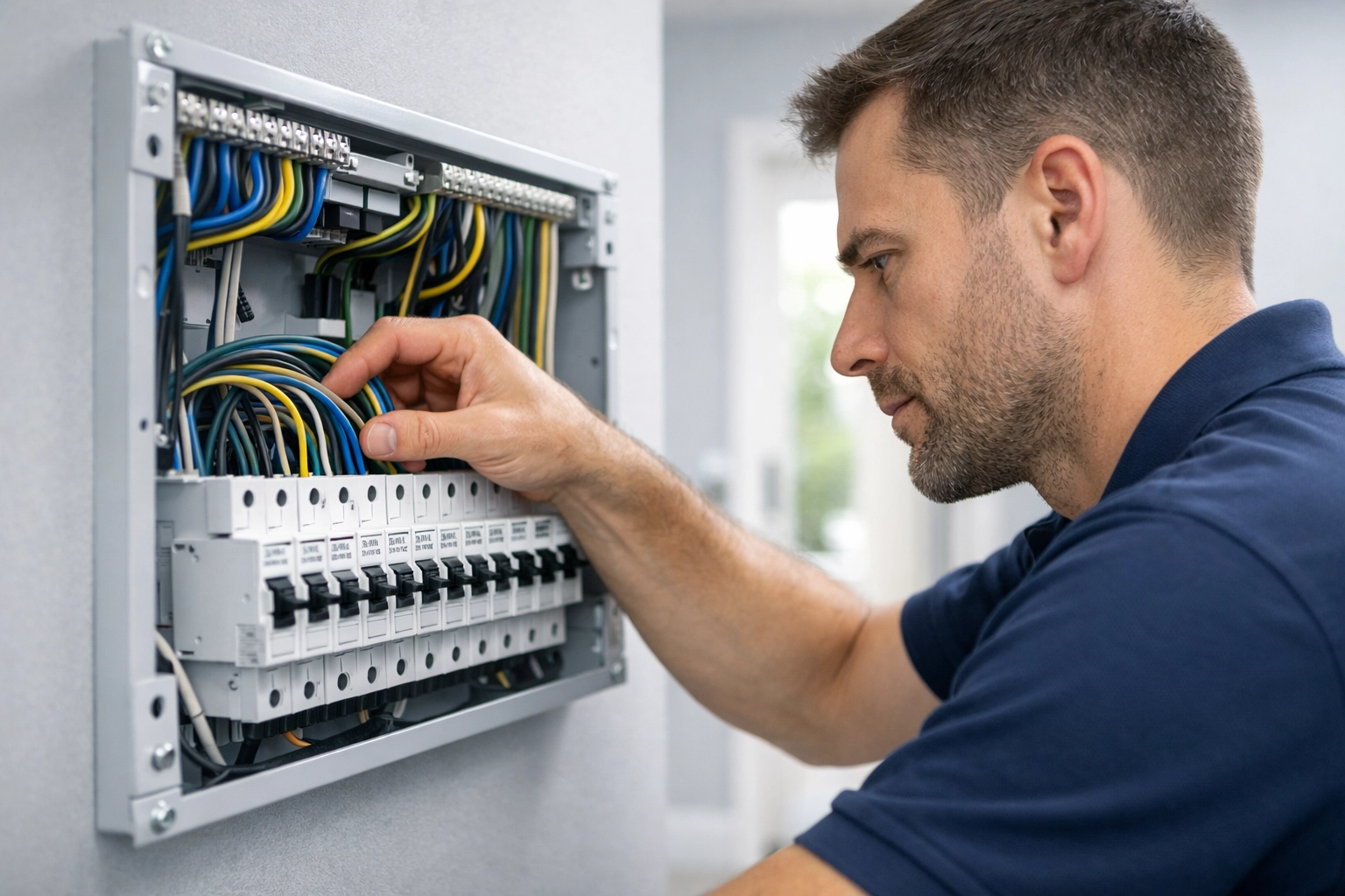 Electrician wiring a new consumer unit upgrade in a Dorset home to meet 2026 electrical safety standards.