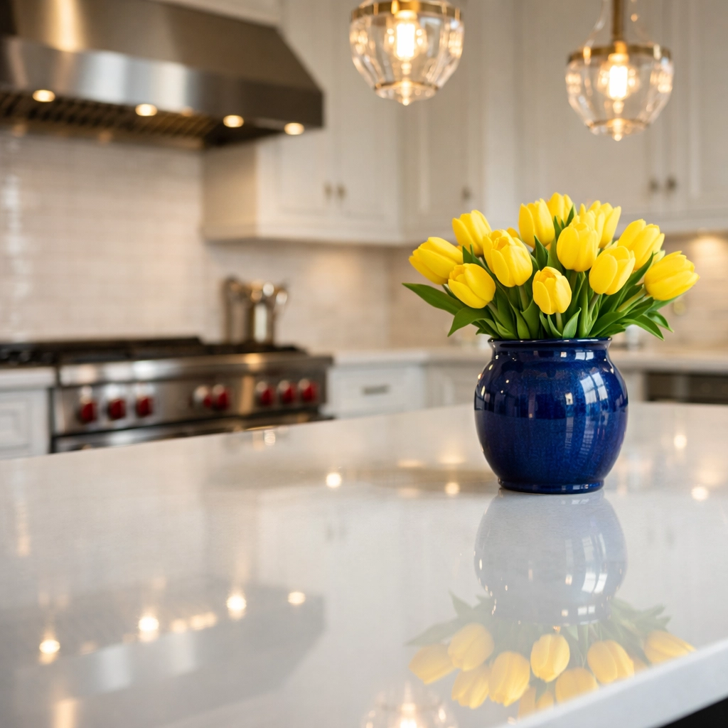 Spotless white quartz kitchen island and custom cabinetry in a Wenham home after professional cleaning.