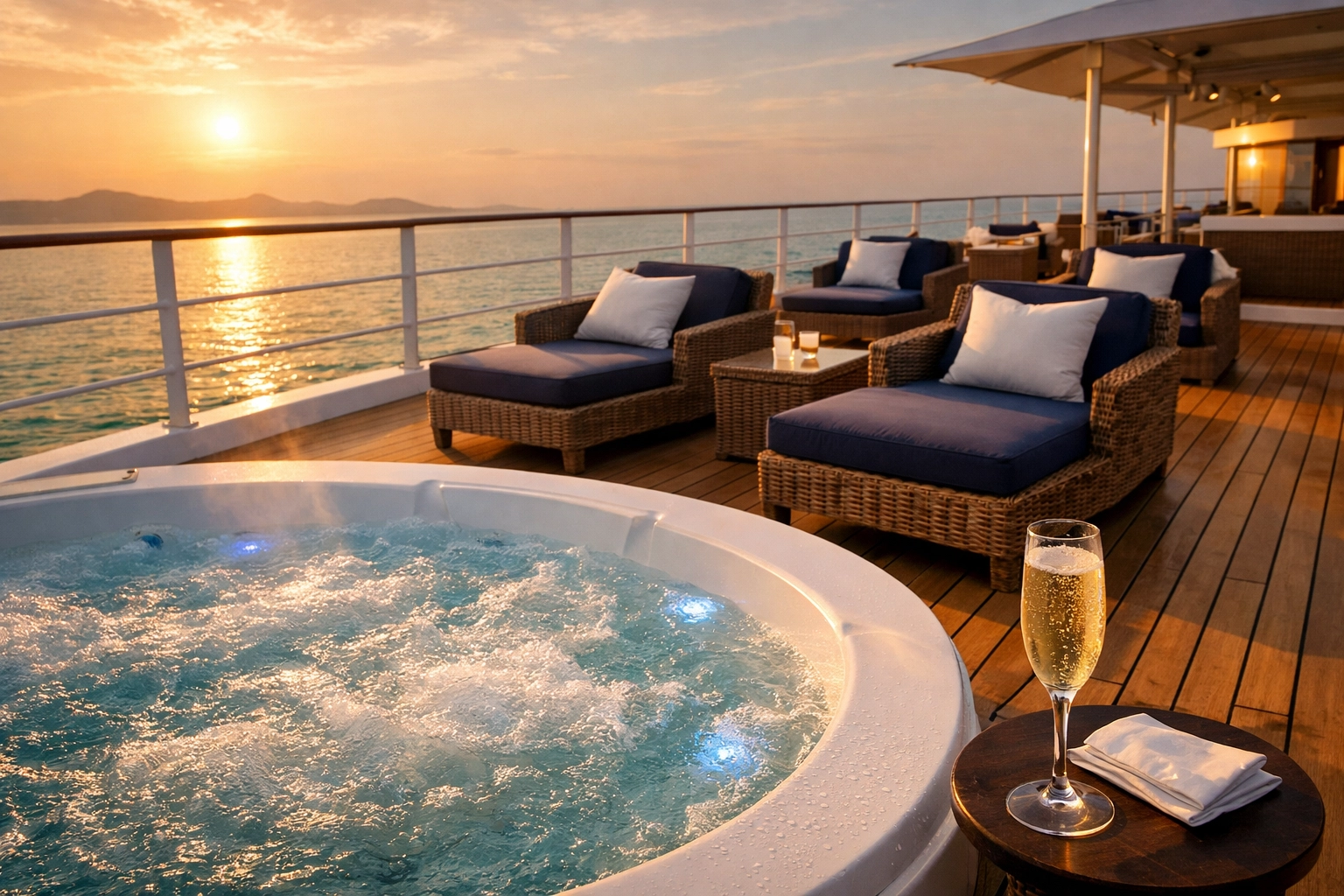 Exclusive MSC Yacht Club private sundeck with luxury whirlpool and ocean views.