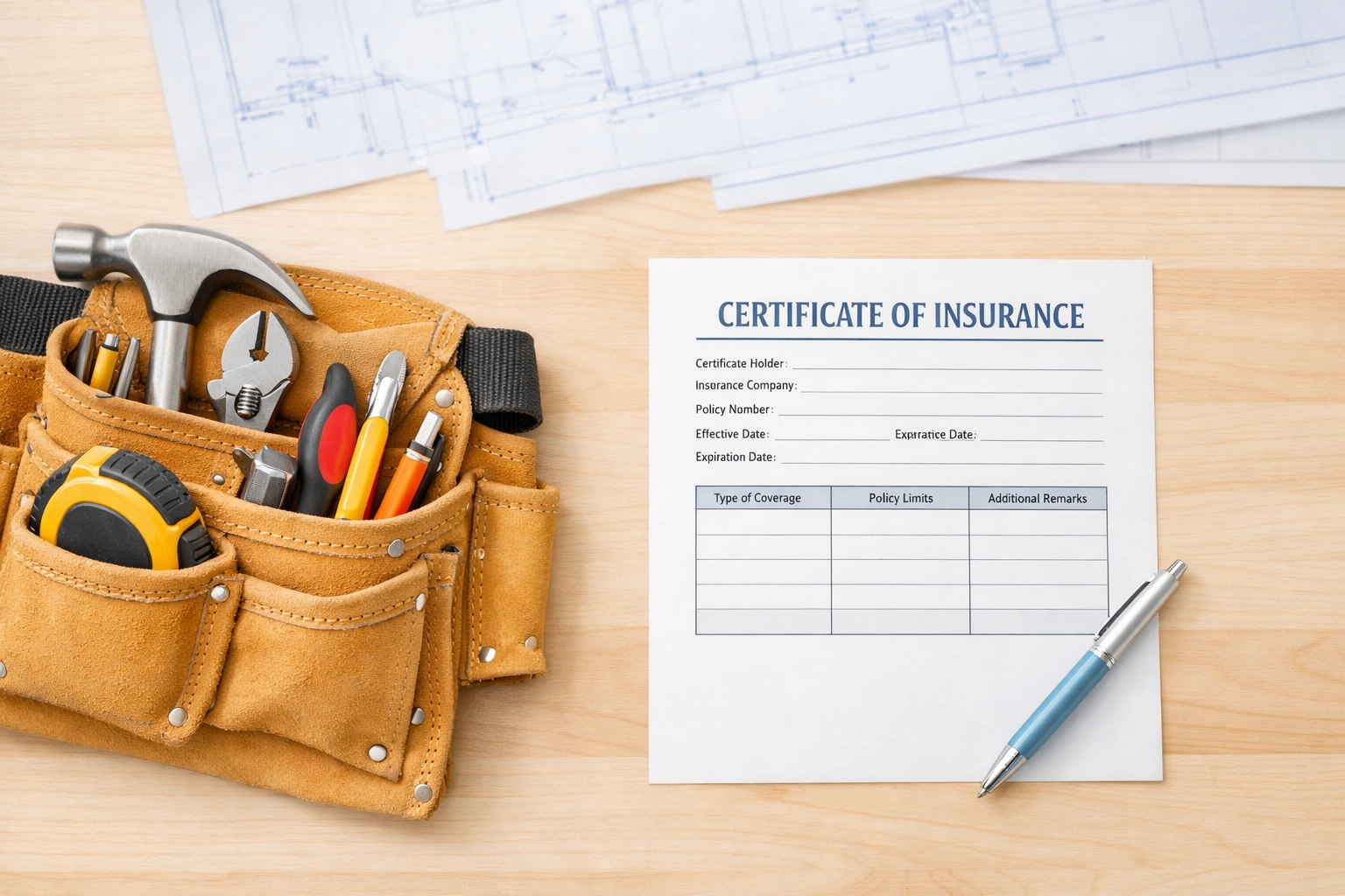 Contractor toolbelt with workers comp insurance certificate on workbench