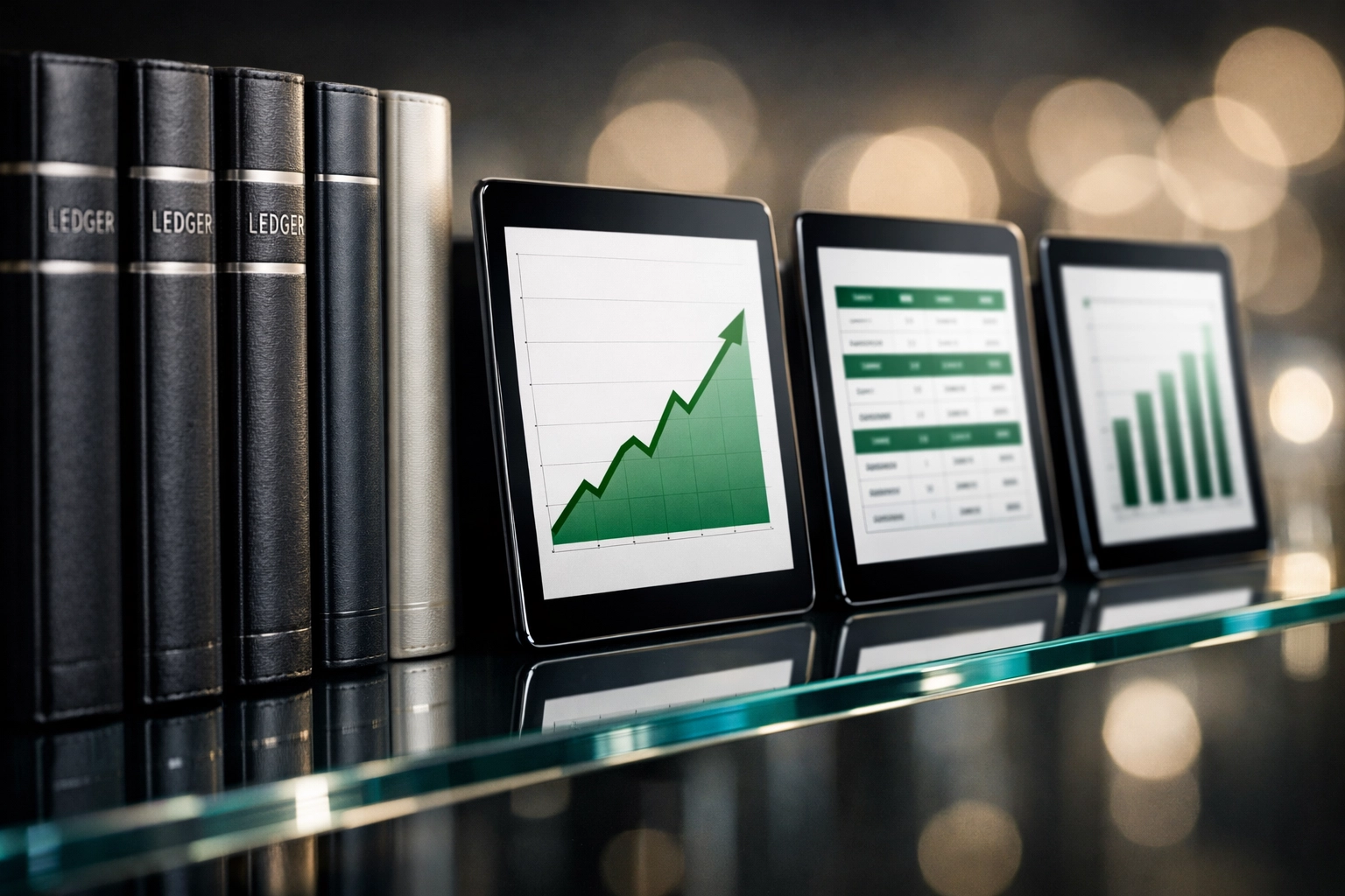 Organized financial records and growth charts on tablets for a property management business sale.